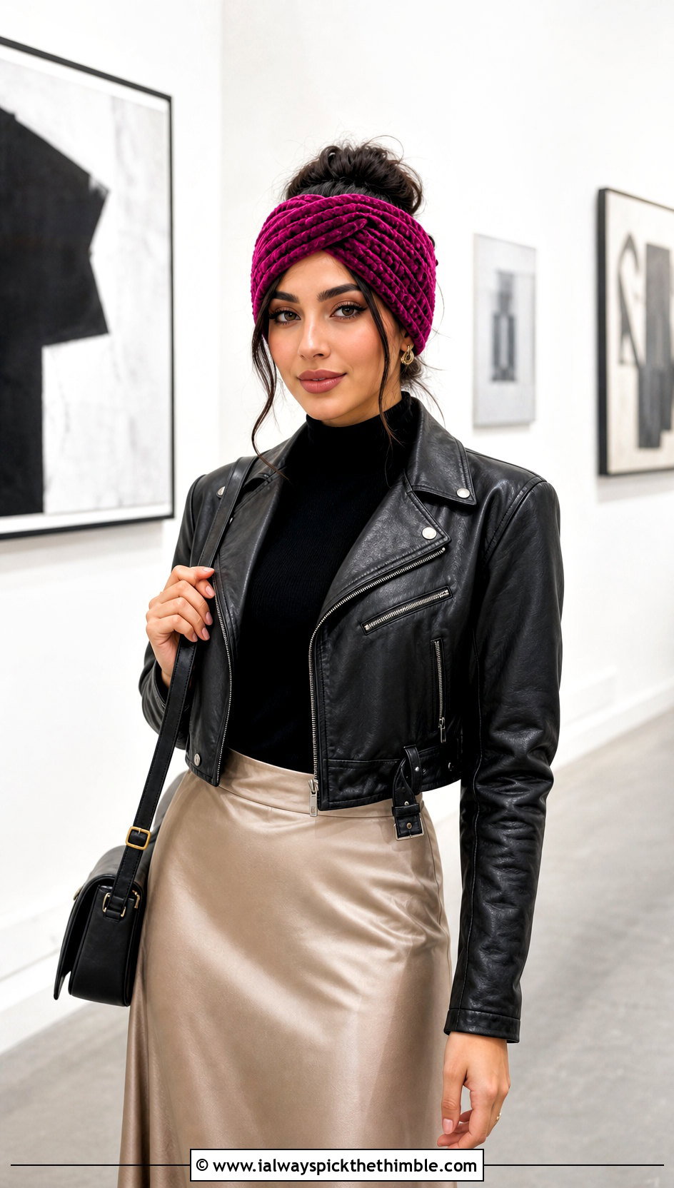 Wide Turban Velvet Twist Crochet Headband With Leather Jacket And Satin Skirt - 20 Velvet Twist Crochet Headband outfit ideas