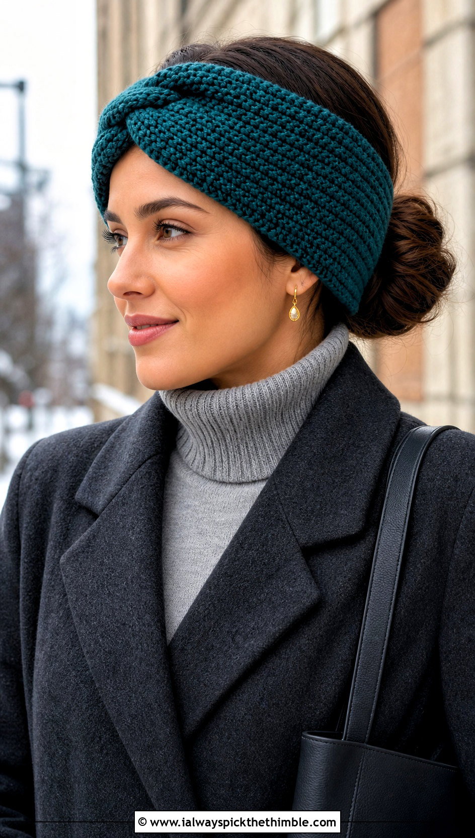 Wide Twisted Knot Crochet Headband With Wool Coat - 15 Twisted Knot Crochet Headband outfit ideas