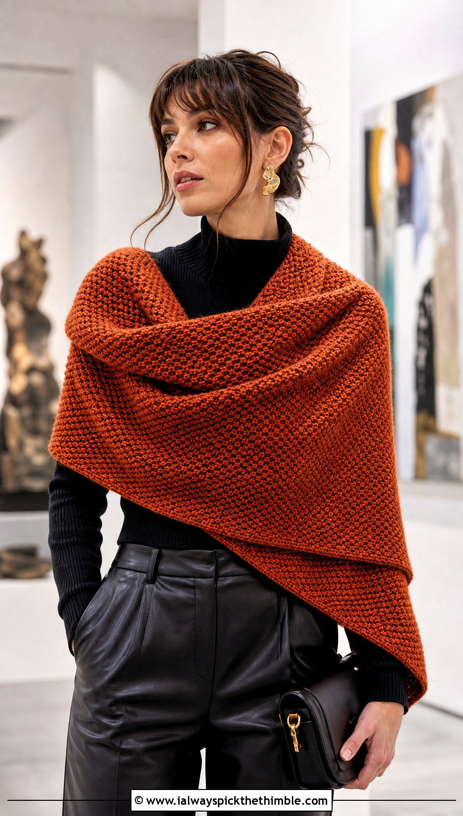 Wide Wrap Moss Stitch Scarf With Leather Pants - 25 crochet moss stitch scarf outfit ideas