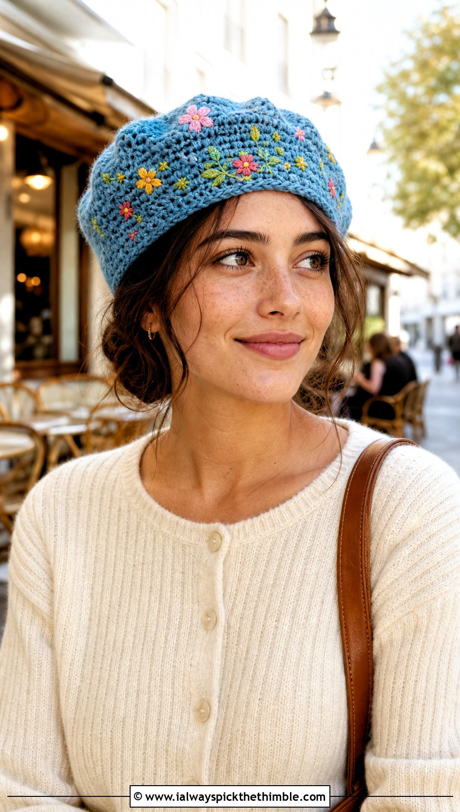 Wildflower Crochet Beret With Cardigan And Trousers - 20 crochet flower hat outfit ideas
