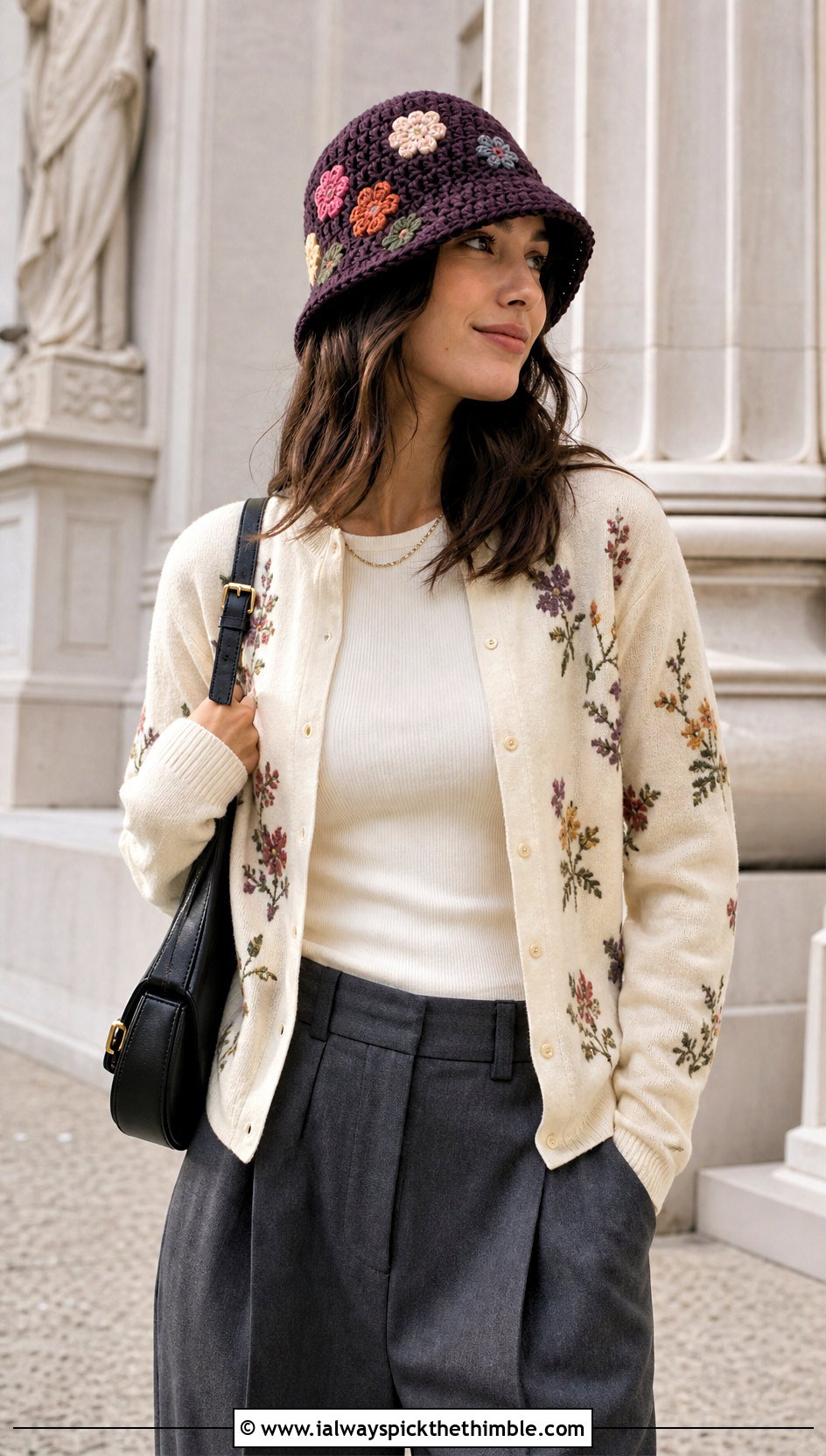 Wildflower Crochet Bucket Hat With Floral Cardigan And Trousers - 15 crochet bucket hat with floral outfit ideas