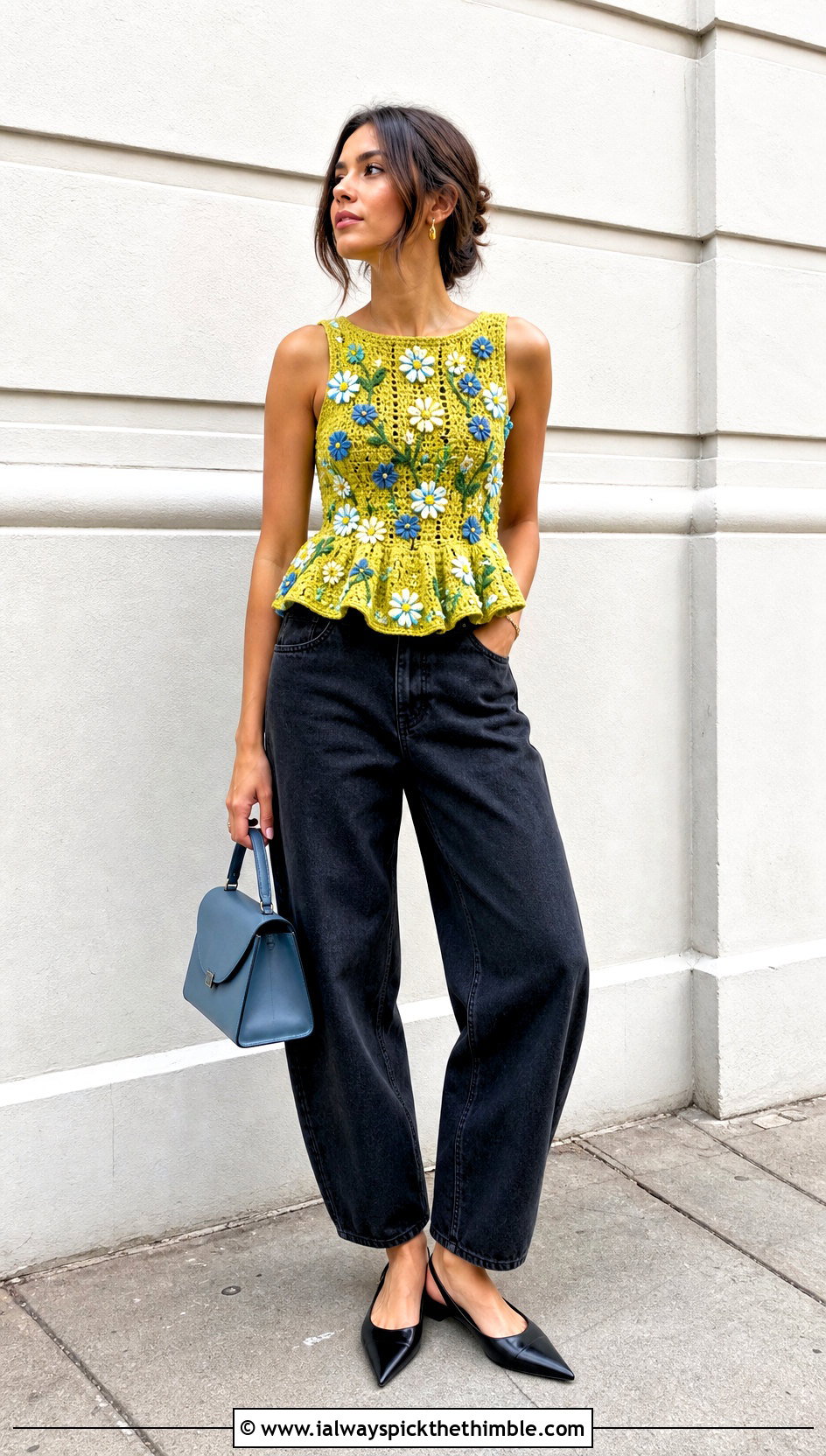 Wildflower Crochet Peplum Top With Barrel Jeans - 20 flower crochet tops outfit ideas