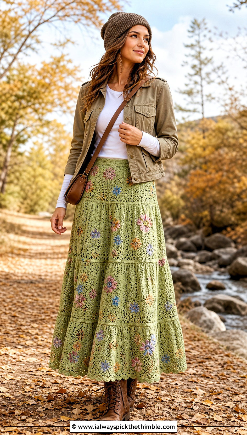 Wildflower Crochet Tiered Maxi Skirt With Utility Jacket - 25 crochet flower skirt outfit ideas