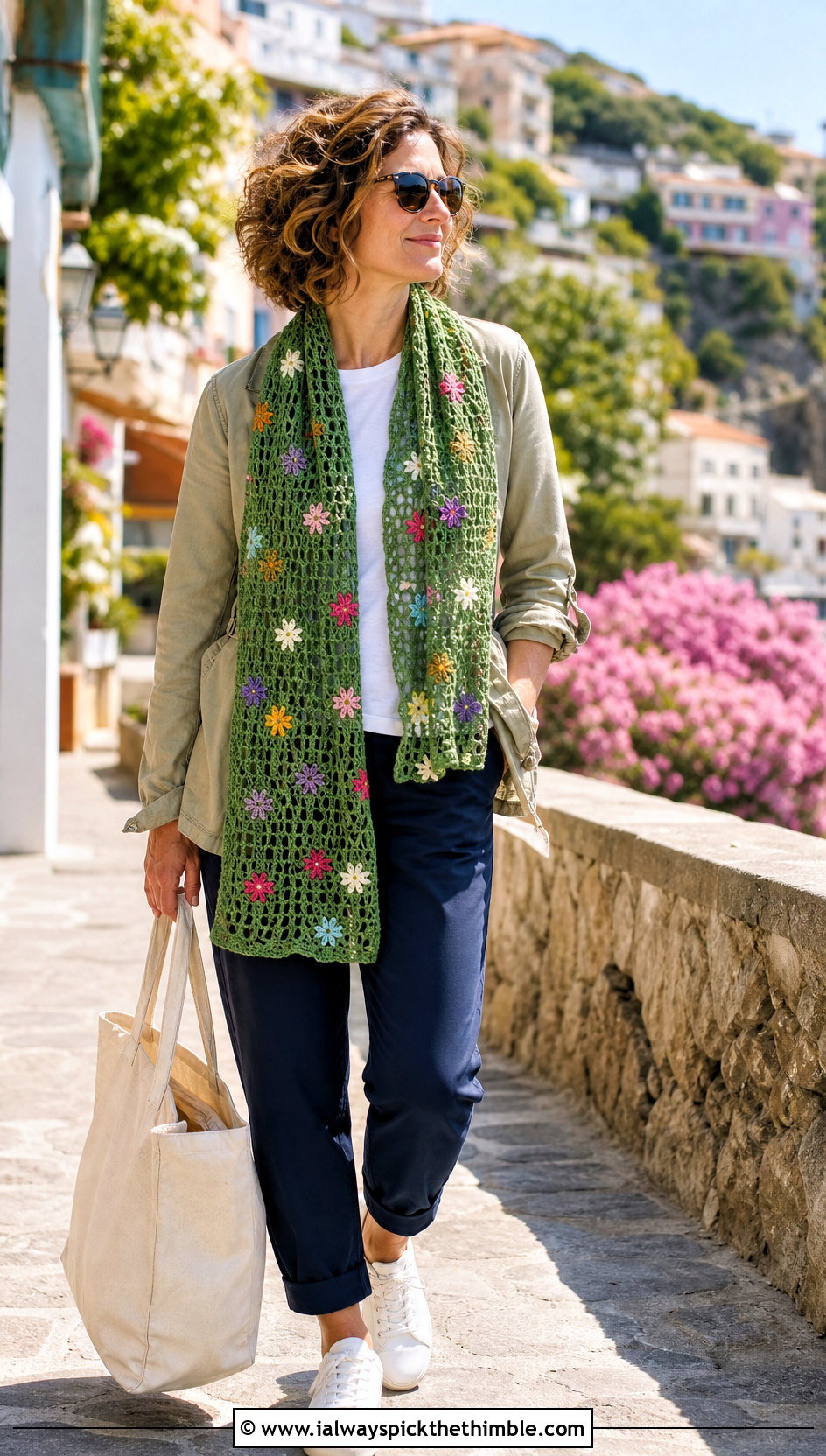 Wildflower Mesh Crochet Scarf With Utility Jacket And Chinos - 25 crochet flower scarf outfit ideas