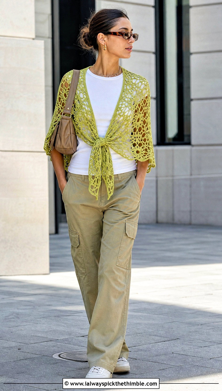 Wildflower Mesh Triangle Shawl With T Shirt And Cargo Pants - 15 Crochet Flower Shawl outfit ideas
