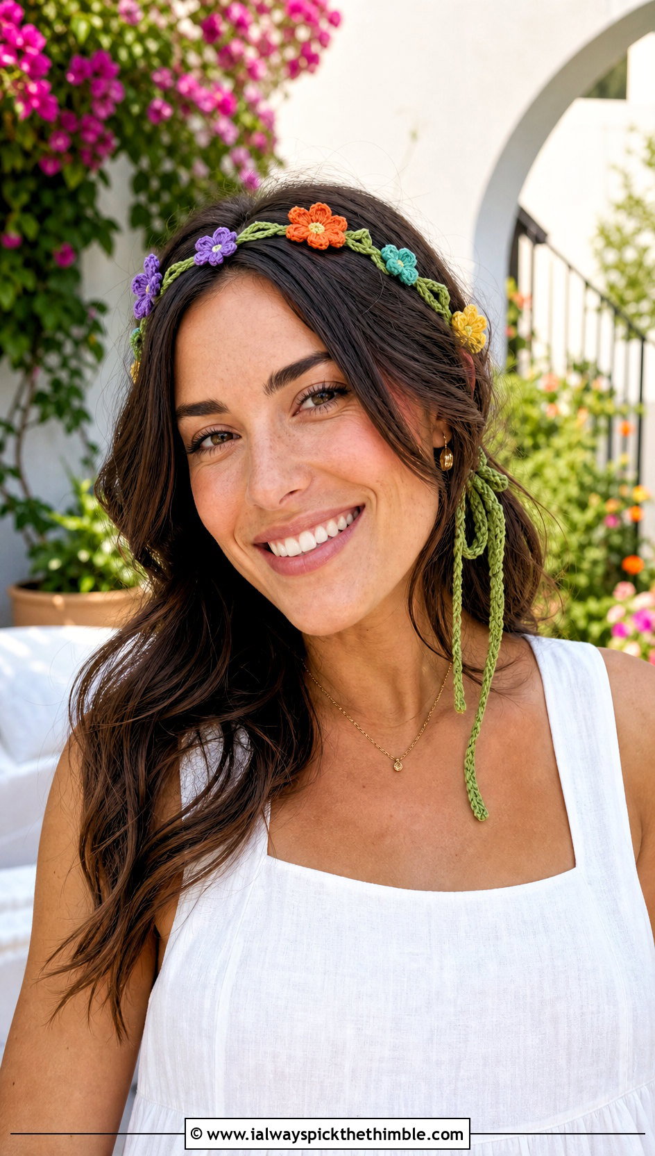 Wildflower String Ribbon Tie Crochet Headband With Linen Dress - 15 crochet headband with flower and ribbon outfit ideas