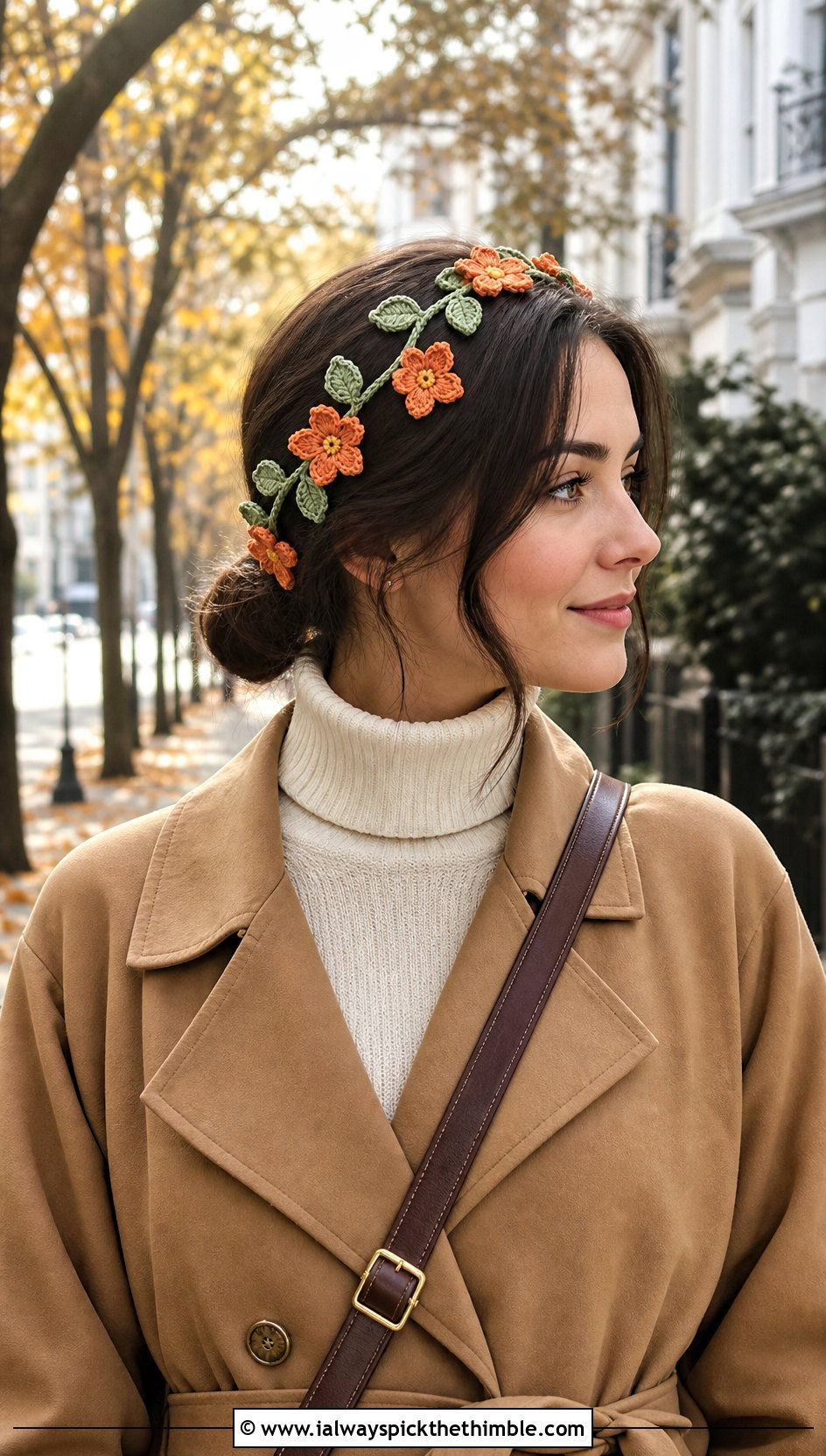 Wildflower Vine Crochet Headband With Trench Coat - 25 crochet flower headband outfit ideas