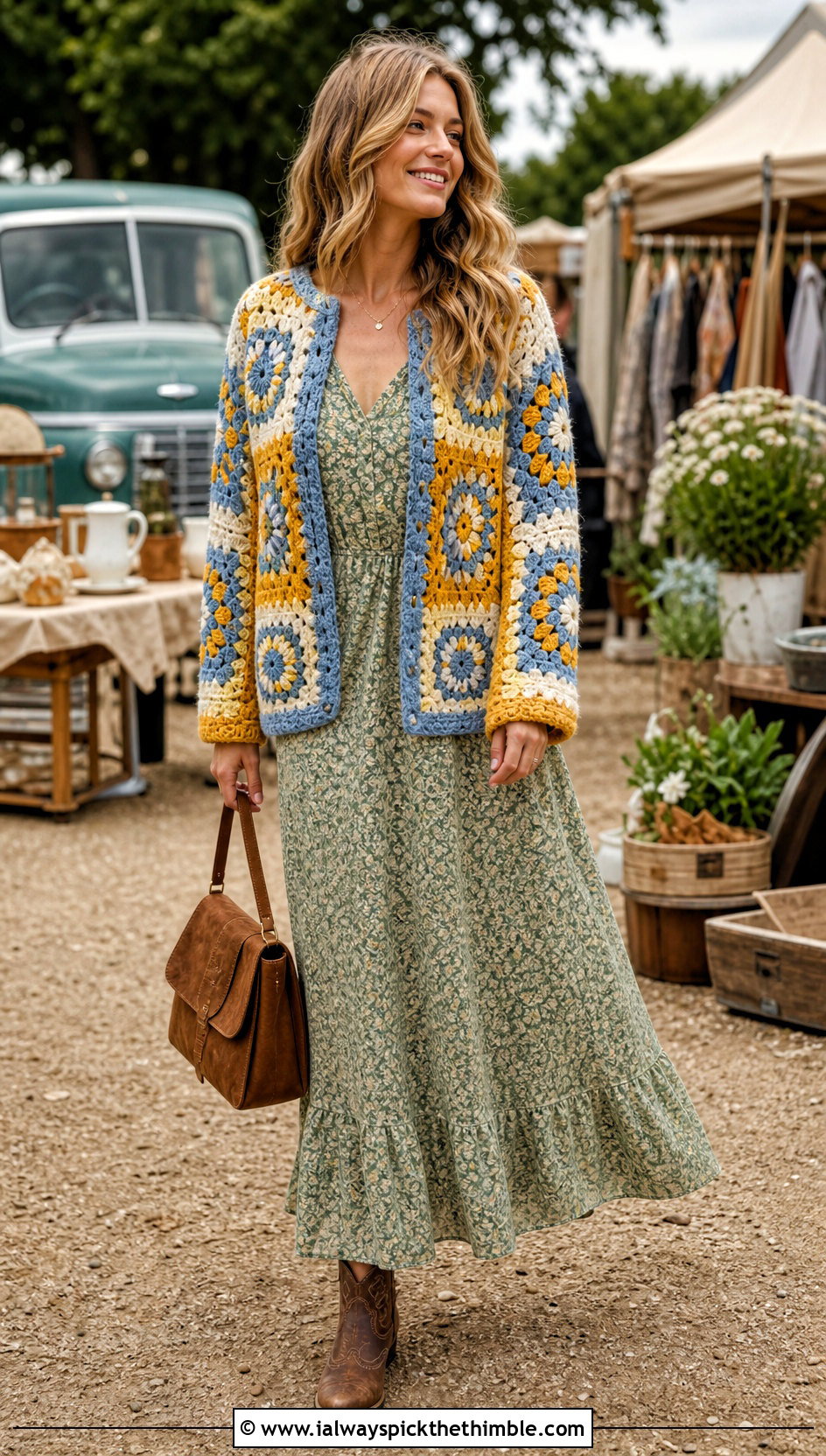 Willow Granny Square Cardigan With Floral Maxi Dress - 25 Willow Granny Square Cardigan outfit ideas