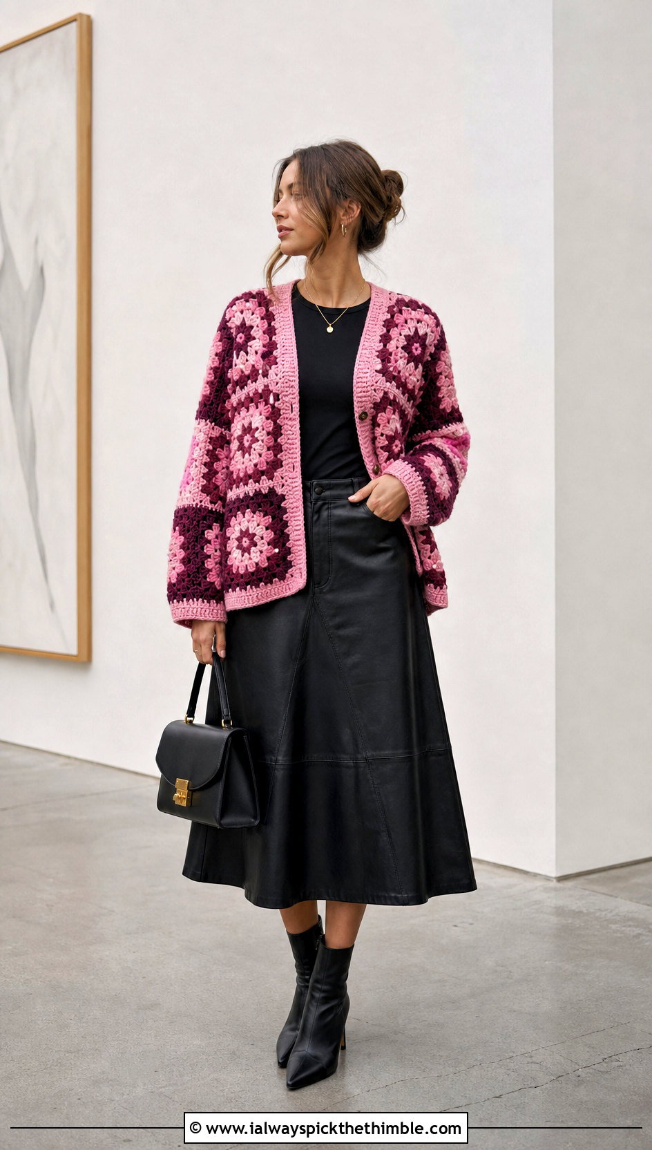 Willow Granny Square Cardigan With Leather Midi Skirt - 25 Willow Granny Square Cardigan outfit ideas