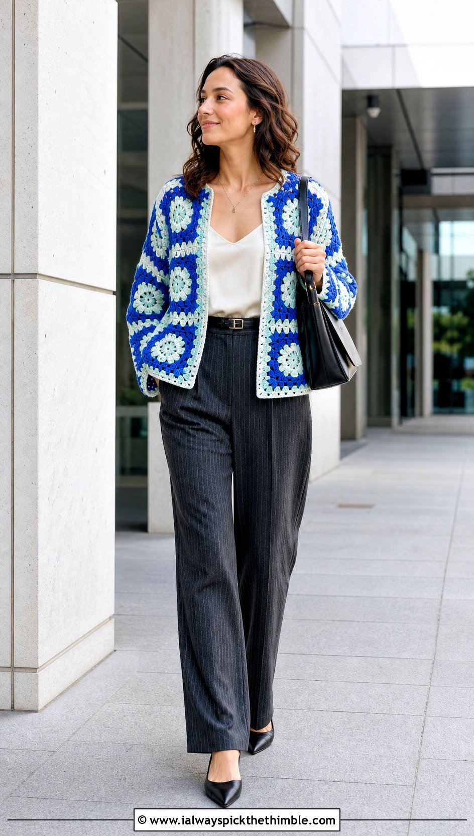 Willow Granny Square Cardigan With Pinstripe Trousers - 25 Willow Granny Square Cardigan outfit ideas