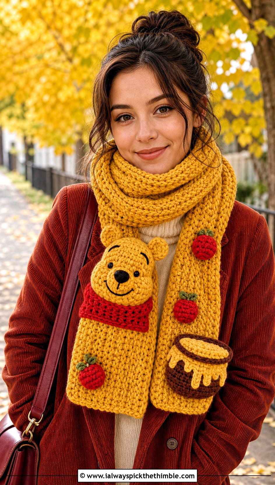 Winnie The Pooh Chunky Crochet Disney Scarf With Corduroy Coat - 20 Crochet Disney Scarf outfit ideas