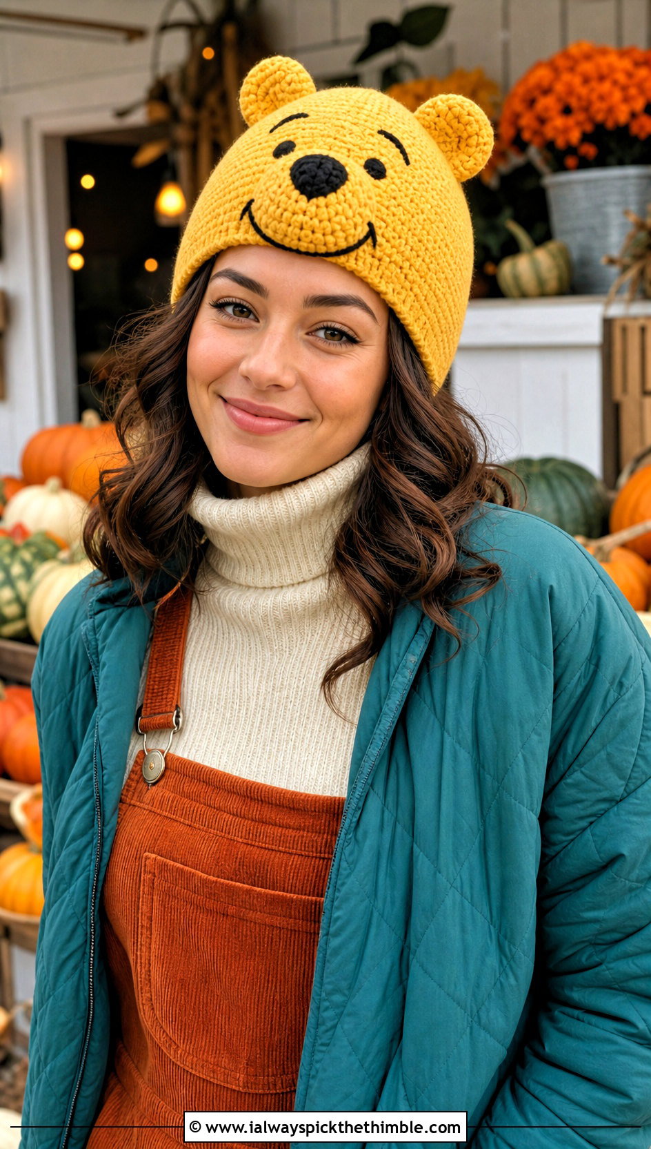 Winnie The Pooh Classic Crochet Disney Beanie With Corduroy Overalls - 20 Crochet Disney Beanie outfit ideas