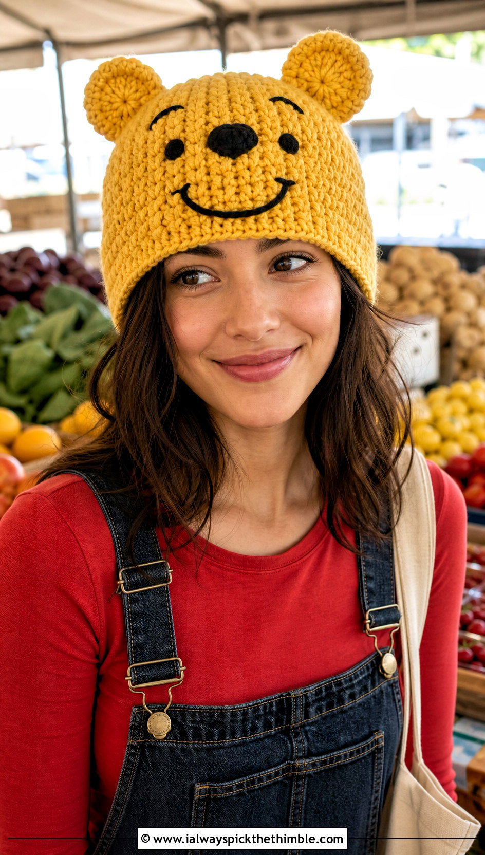 Winnie the Pooh Puff Stitch Beanie With Overalls - 20 disney crochet hat outfit ideas
