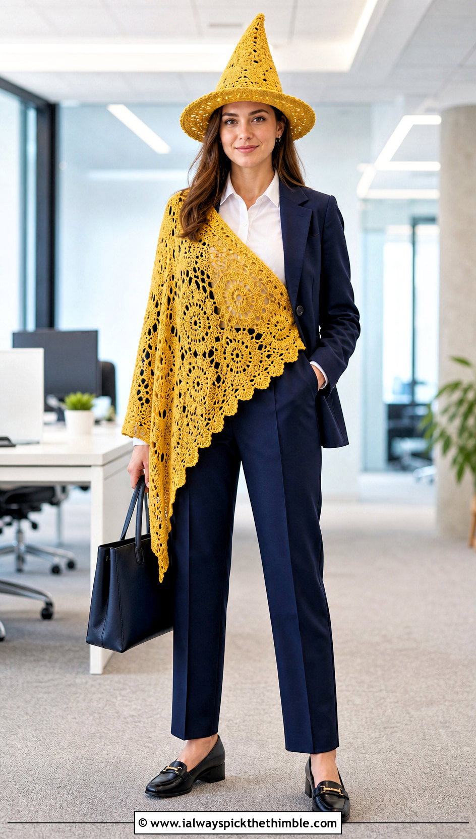 Witch Hat Asymmetrical Shawl With Office Suit - 20 Crochet Halloween Shawl outfit ideas