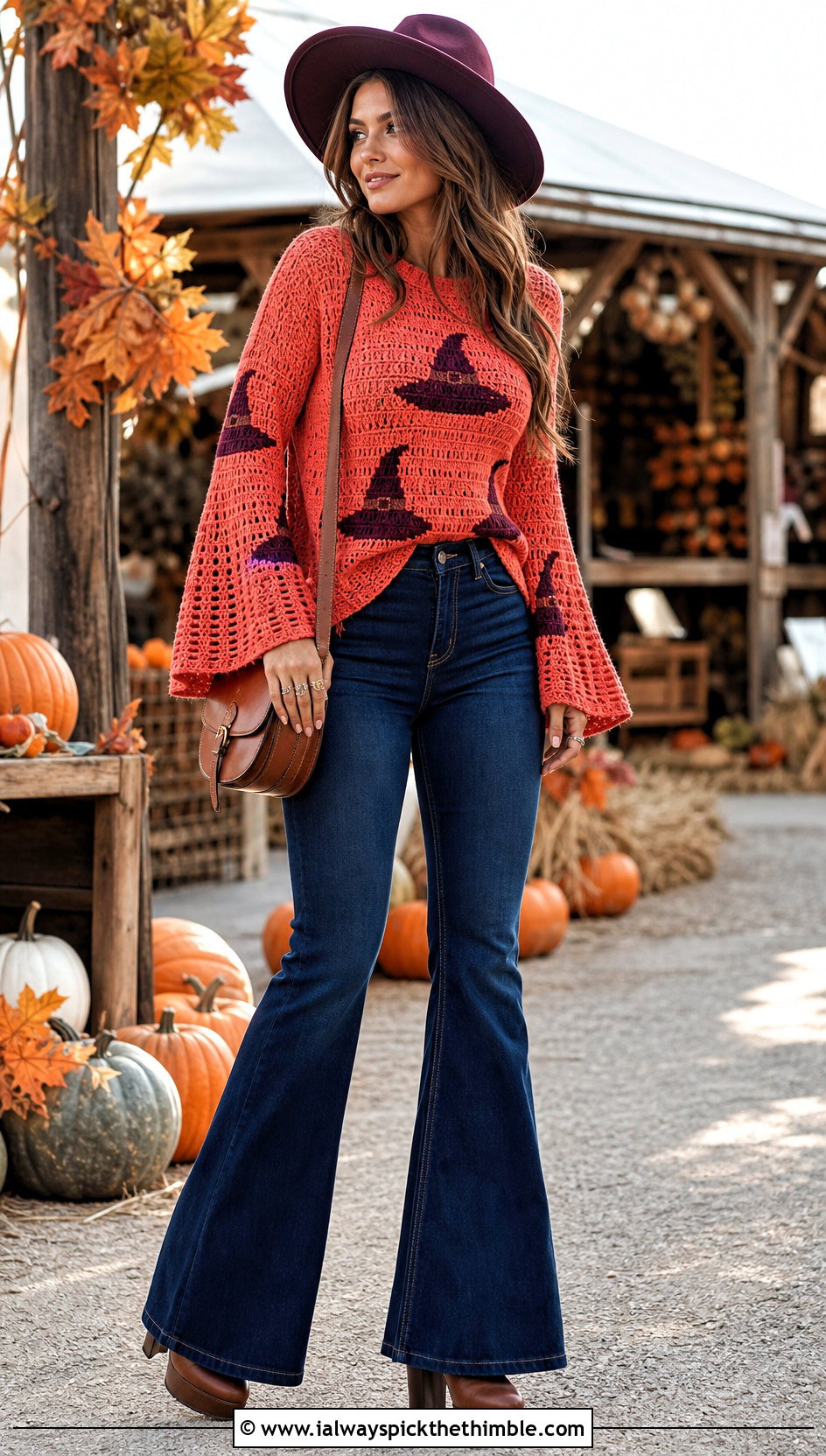 Witch Hat Bell Sleeve Halloween Crochet Jumper With Flared Jeans - 15 Halloween Crochet Jumper outfit ideas