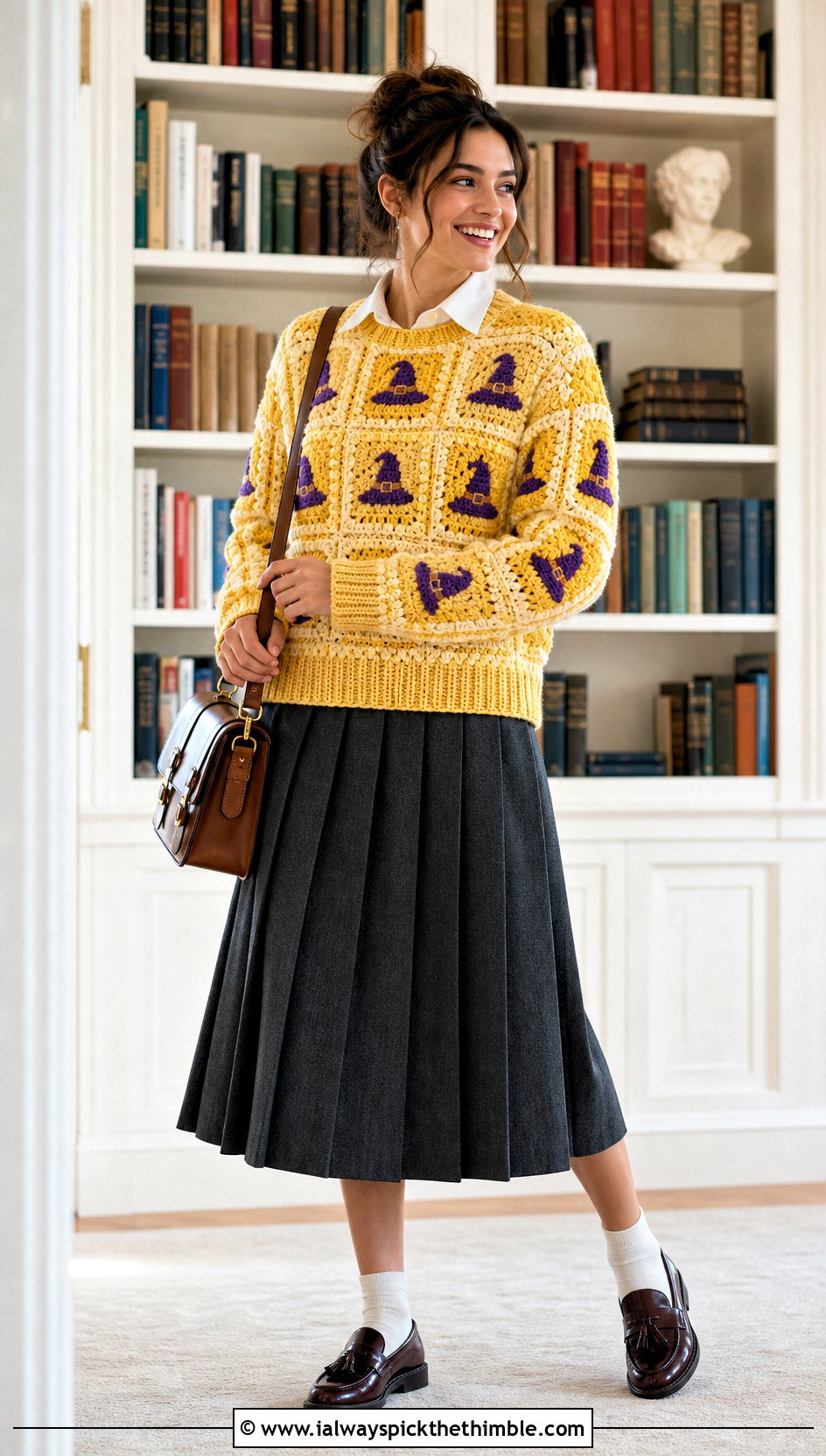 Witch Hat Granny Square Halloween Sweater With Pleated Skirt - 15 Crochet Granny Square Halloween Sweater outfit ideas