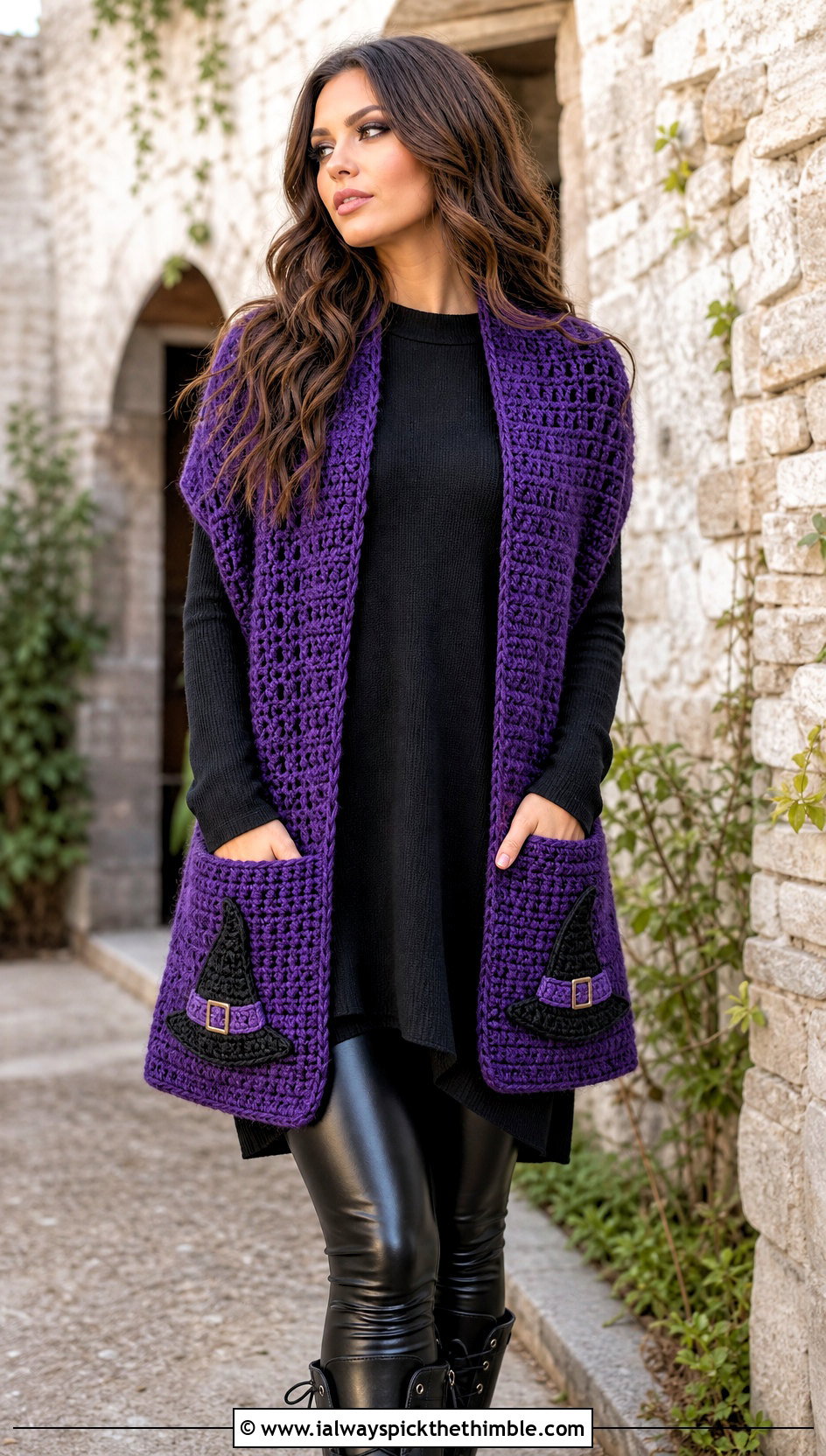 Witch Hat Pocket Crochet Shawl With Leggings - 20 halloween crochet shawl outfit ideas