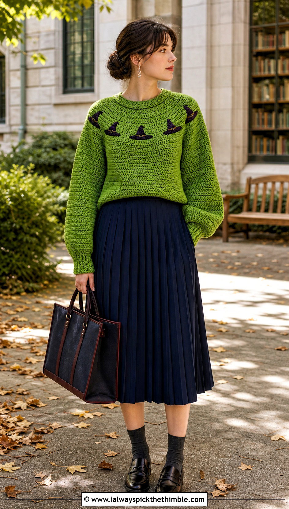 Witch Hat Raglan Crochet Halloween Sweater With Pleated Midi Skirt - 25 Crochet Halloween Sweater outfit ideas