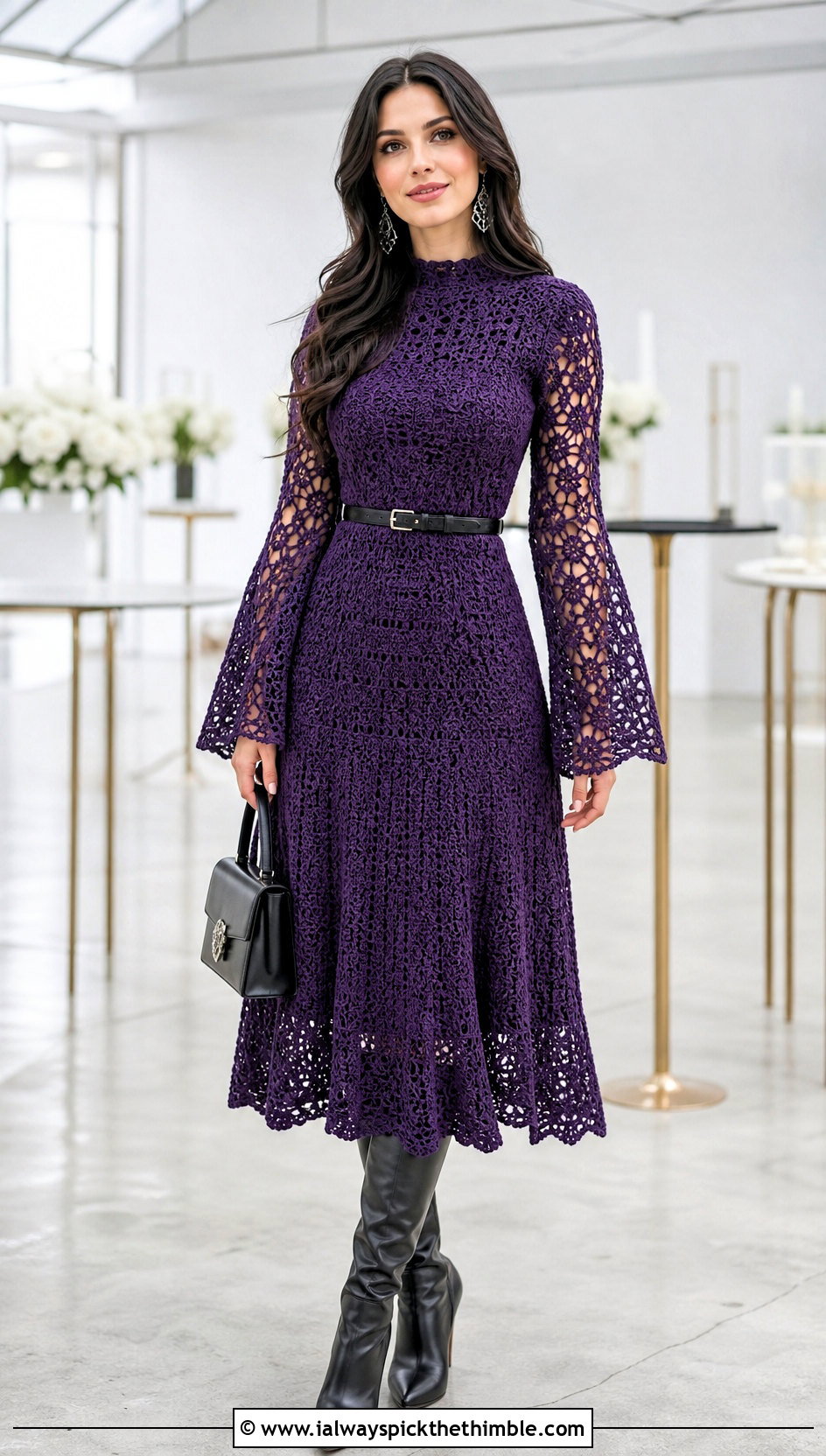 Witchy Bell Sleeve Crochet Dress With Knee High Boots - 20 Crochet Halloween Clothing and outfit ideas