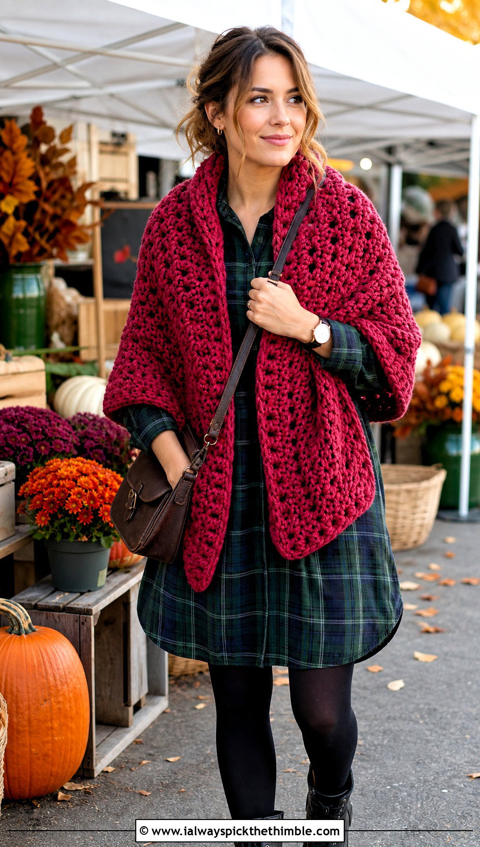 Witchy Chunky Crochet Shawl With Plaid Dress - 20 Witchy Crochet Shawl outfit ideas