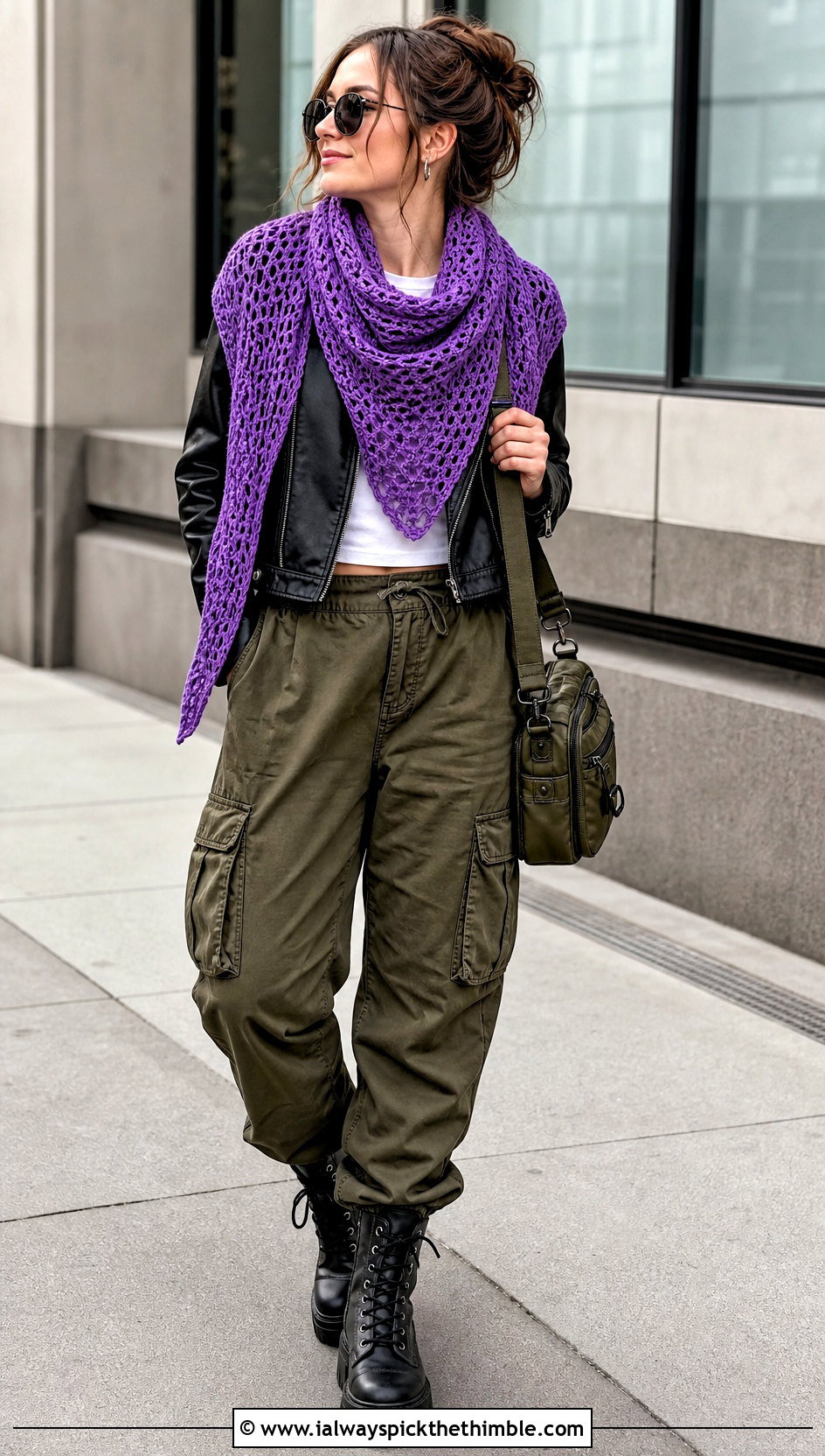 Witchy Crescent Crochet Shawl With Leather Jacket - 20 Witchy Crochet Shawl outfit ideas