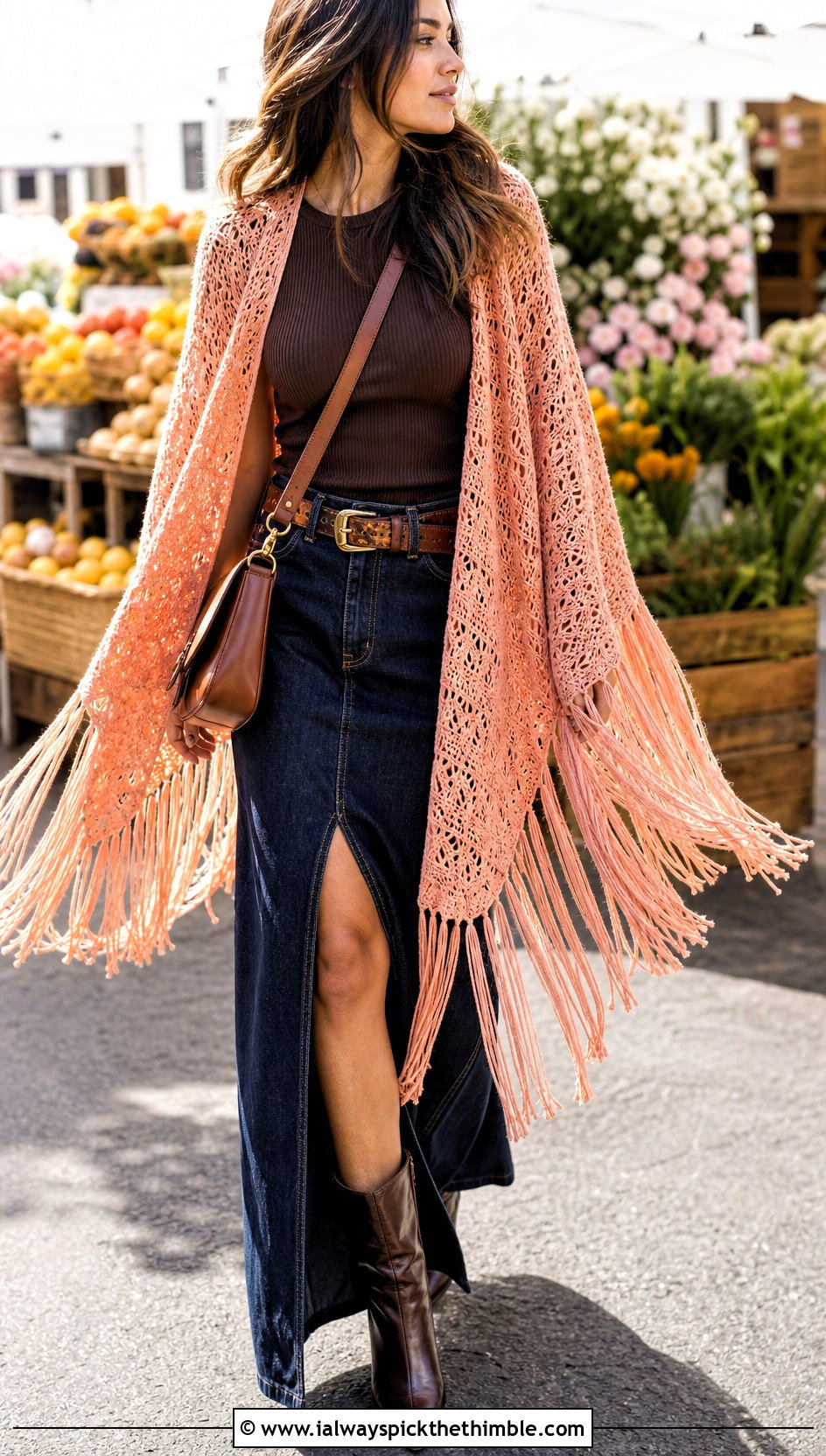 Witchy Fringed Crochet Shawl With Denim Maxi Skirt - 20 Witchy Crochet Shawl outfit ideas