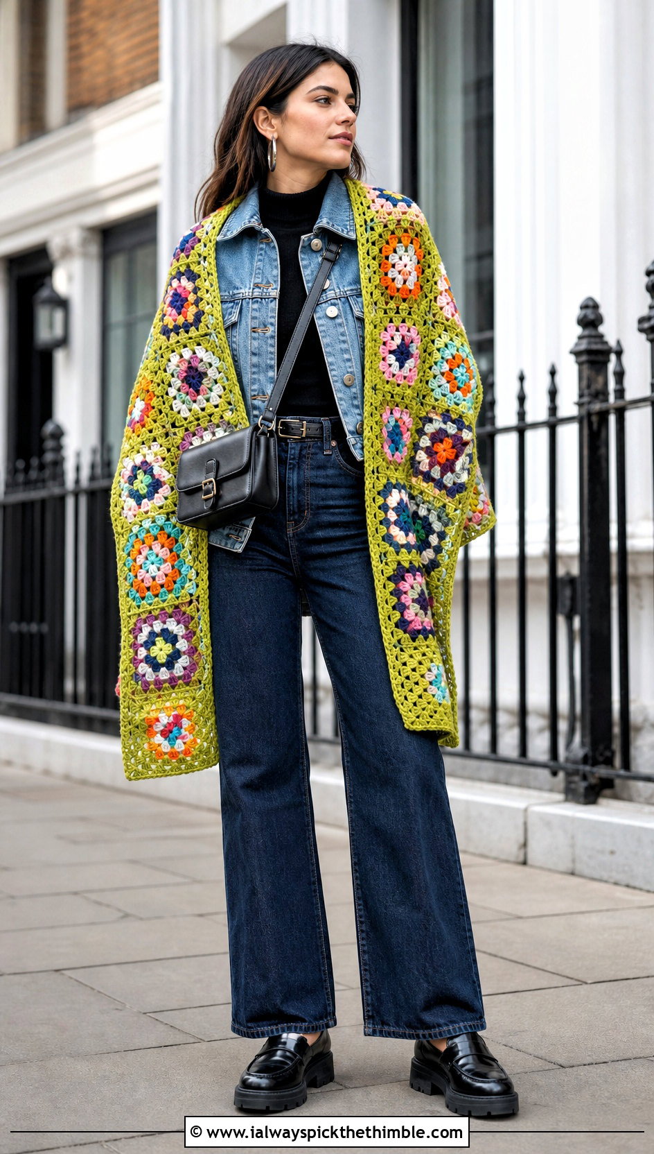 Witchy Granny Square Crochet Shawl With Denim Jacket - 20 Witchy Crochet Shawl outfit ideas