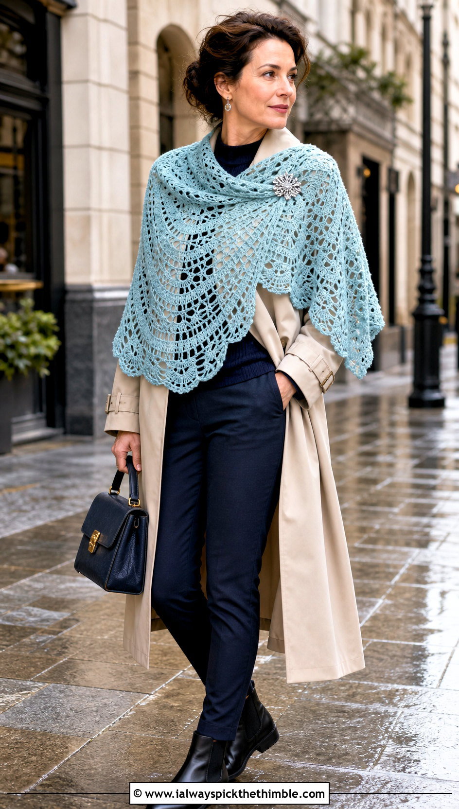 Witchy Half Circle Crochet Shawl With Trench Coat - 20 Witchy Crochet Shawl outfit ideas