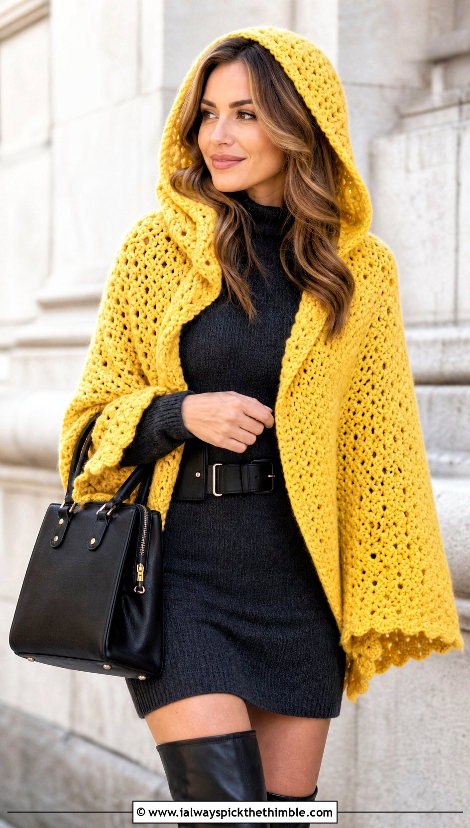 Witchy Hooded Crochet Shawl With Sweater Dress - 20 Witchy Crochet Shawl outfit ideas
