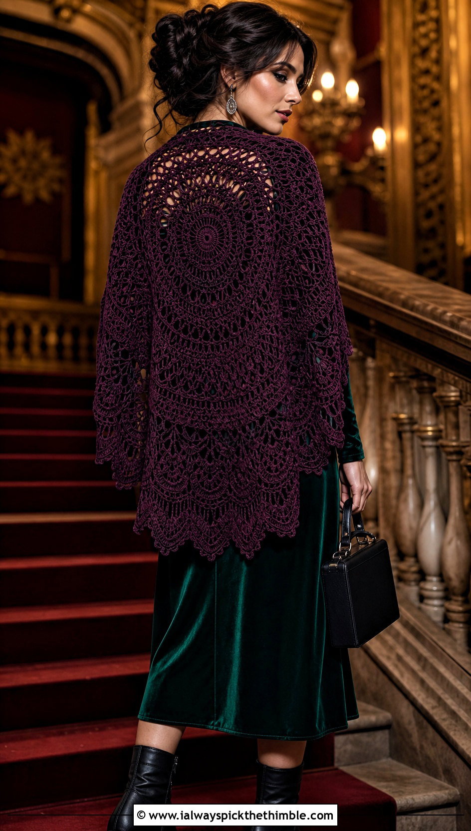 Witchy Mandala Crochet Shawl With Velvet Dress - 20 Witchy Crochet Shawl outfit ideas