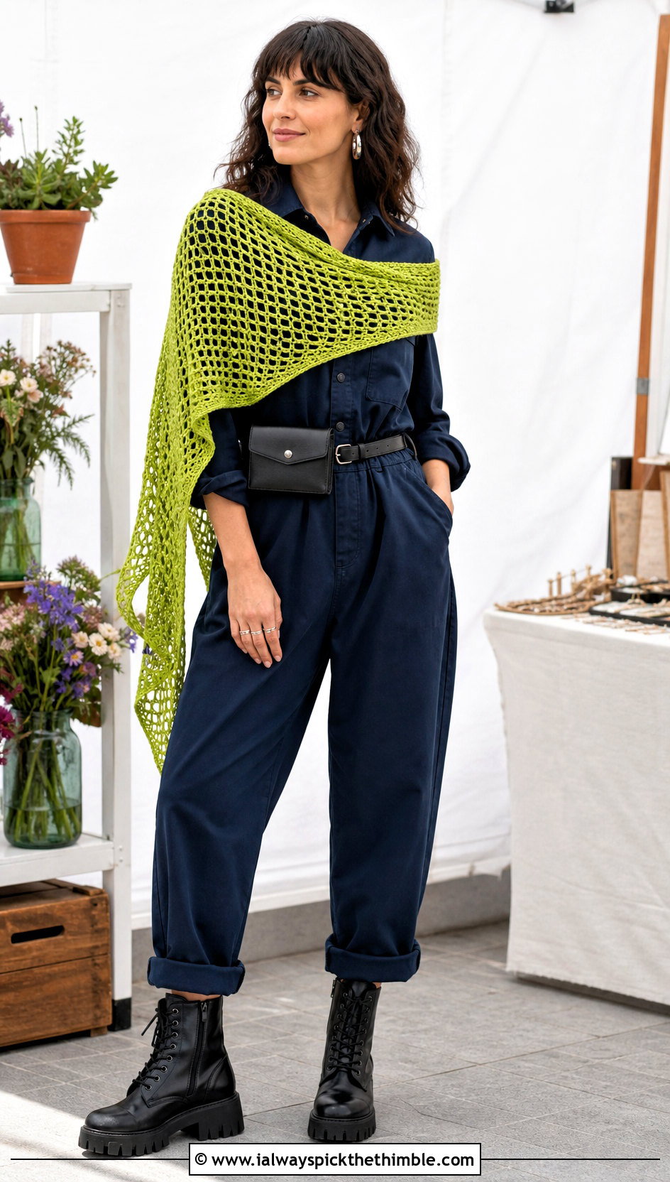 Witchy Mesh Crochet Shawl With Utility Jumpsuit - 20 Witchy Crochet Shawl outfit ideas