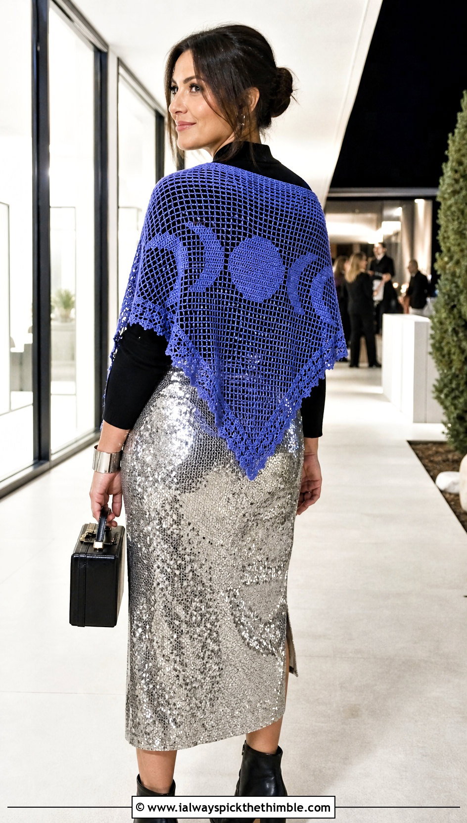 Witchy Moon Phase Filet Crochet Shawl With Sequin Skirt - 20 Witchy Crochet Shawl outfit ideas