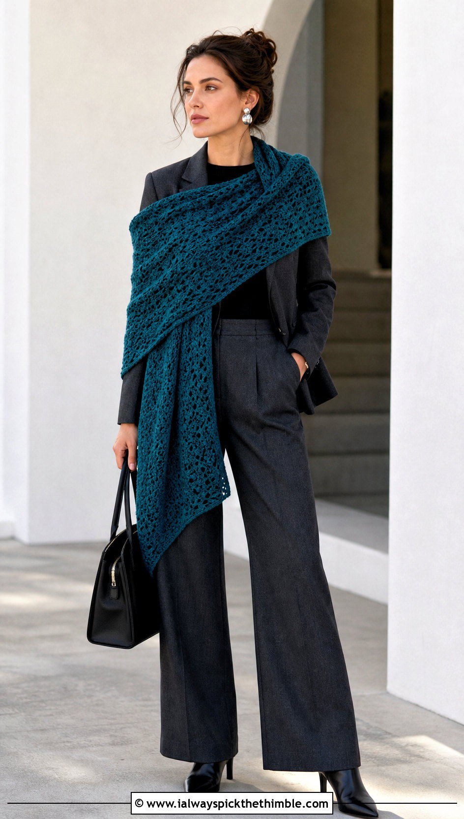 Witchy Rectangular Crochet Wrap With Tailored Suit - 20 Witchy Crochet Shawl outfit ideas