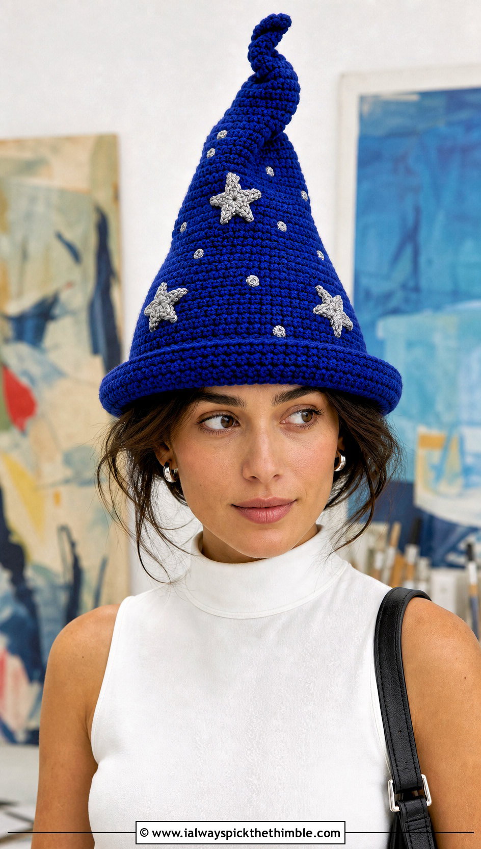 Wizard Cone Crochet Hat With Wide Leg Trousers - 20 Weird Crochet Hat outfit ideas