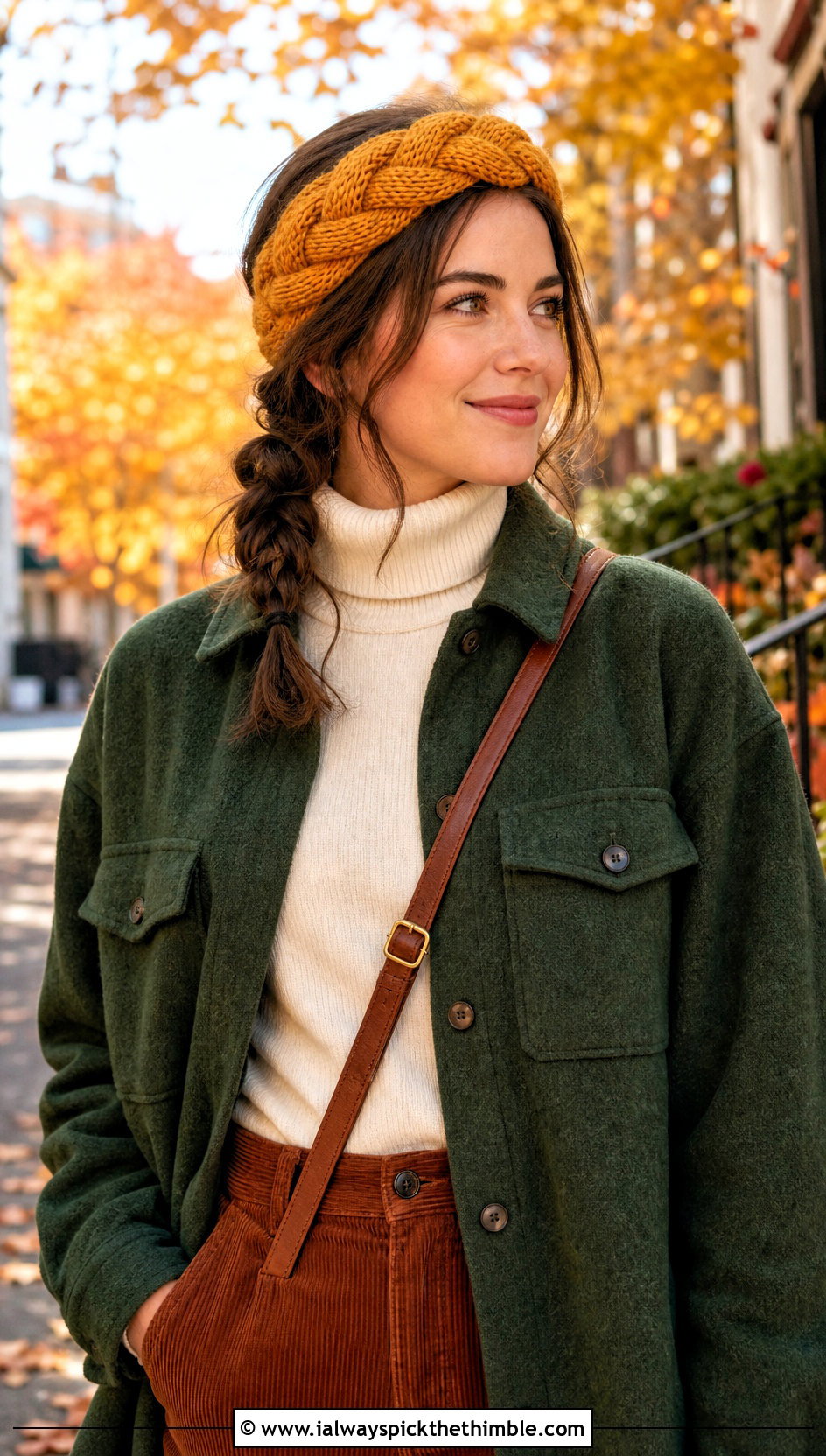 Wool Blend Braided Crochet Headband With Shacket And Corduroy Pants - 20 Braided Crochet Headband outfit ideas