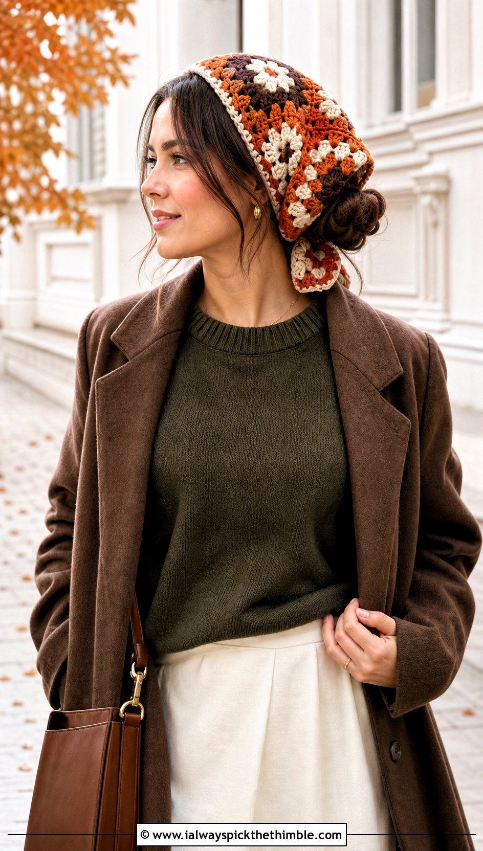 Wool Blend Granny Square Hair Scarf With Sweater And Midi Skirt - 20 granny square hair scarf outfit ideas