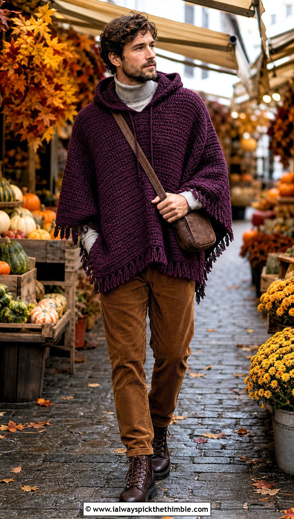 Wool Blend Hooded Crochet Poncho With Corduroy Pants - 15 mens hooded crochet poncho outfit ideas