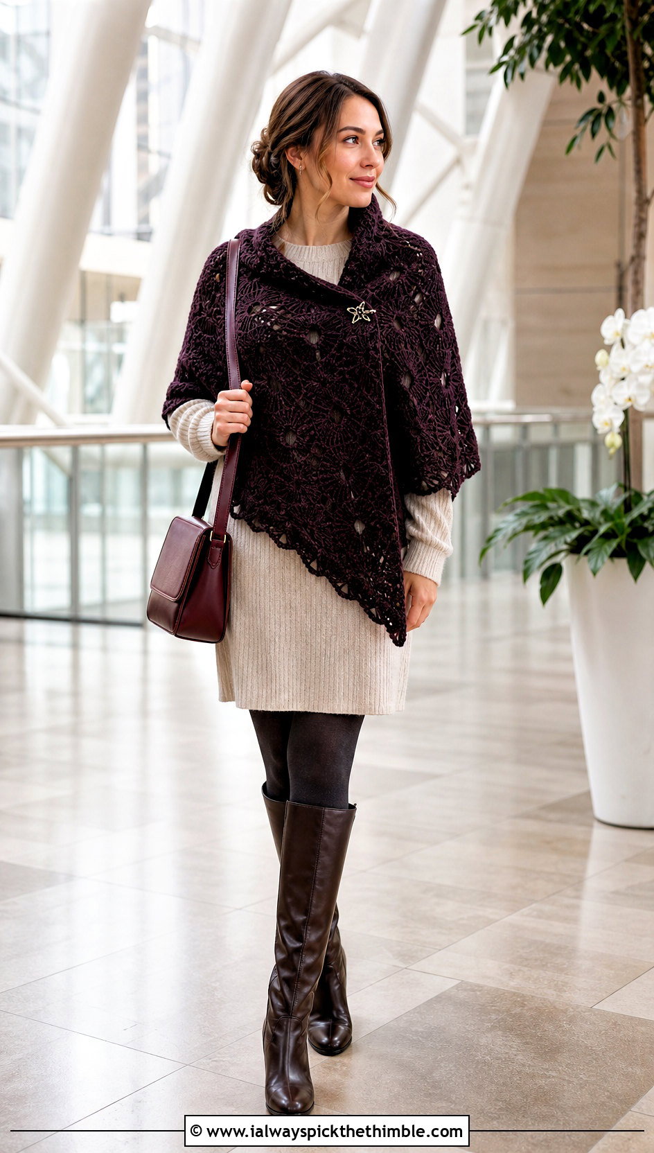 Wool Blend Virus Shawl With Sweater Dress - 25 crochet virus shawl outfit ideas