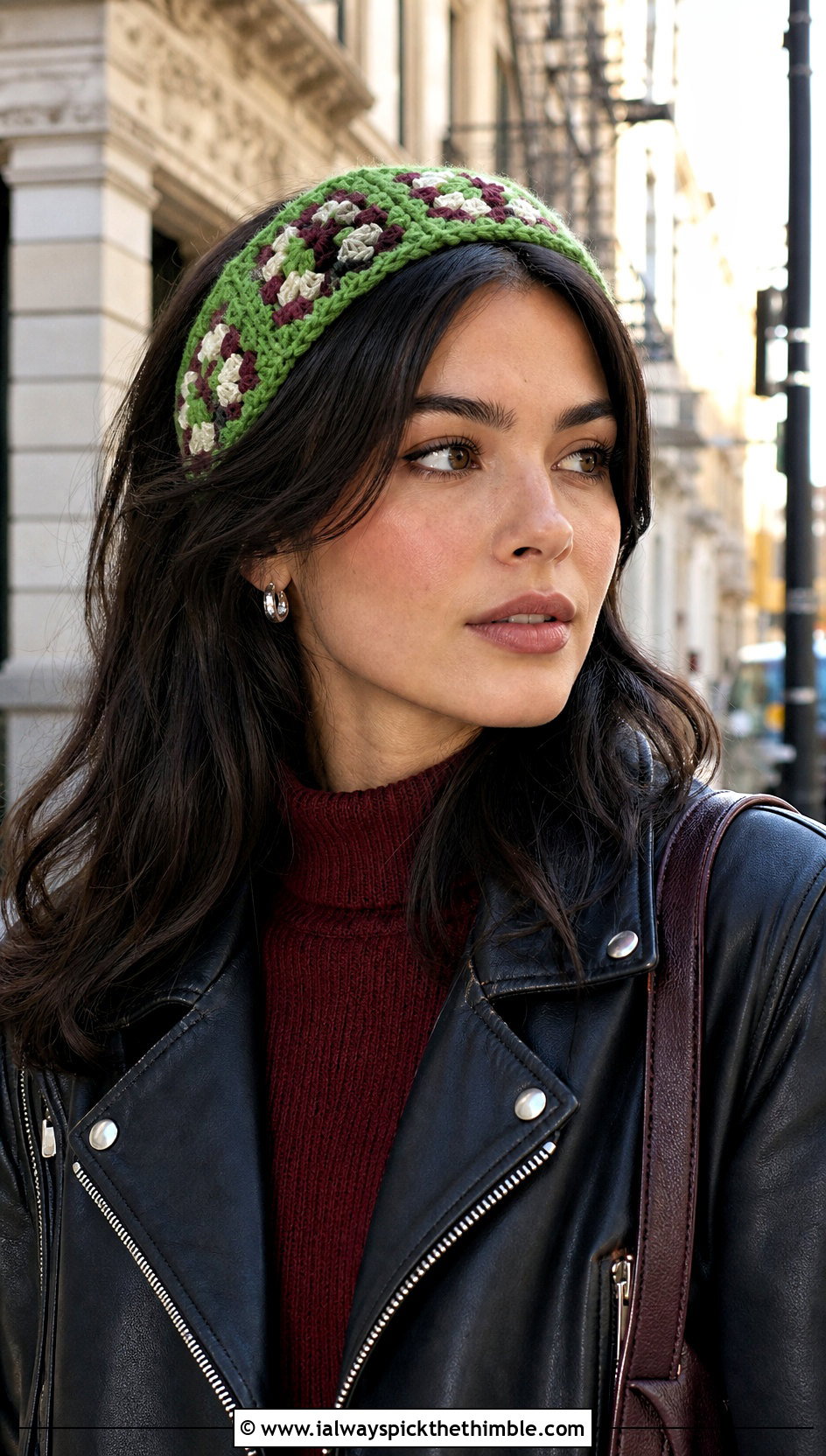Wool Crochet Granny Square Headband With Leather Jacket - 15 Crochet Granny Square Headband outfit ideas