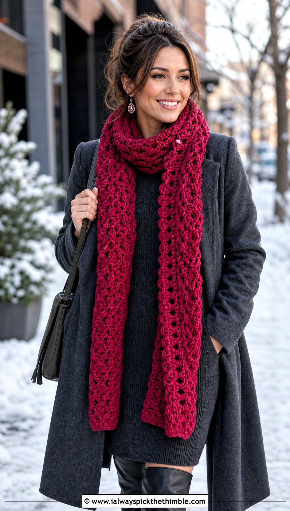 Wool Crochet Road Trip Scarf With Knit Dress - 15 Crochet Road Trip Scarf outfit ideas