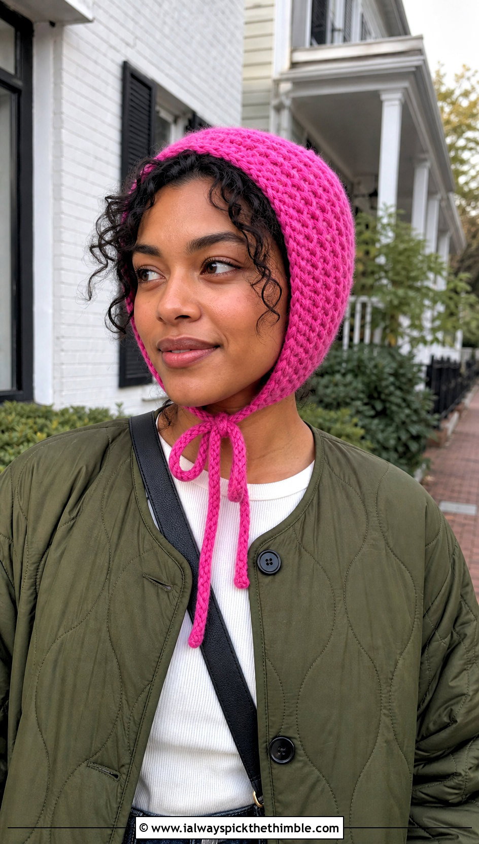 Wool Ease Crochet Bonnet With Quilted Jacket - 20 Wool Ease Crochet Hat outfit ideas
