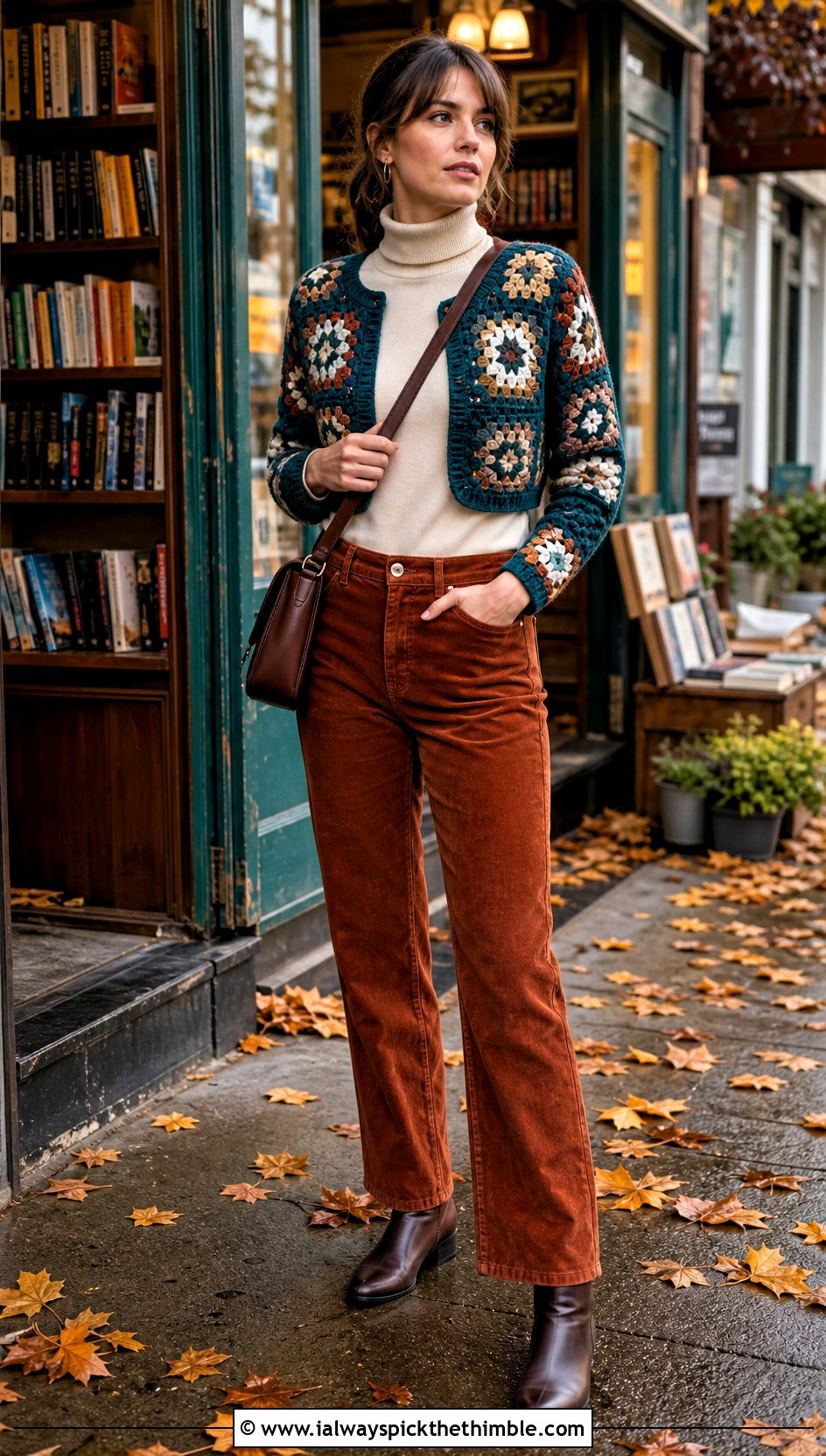Wool Granny Square Bolero With Corduroy Pants - 25 granny square bolero outfit ideas