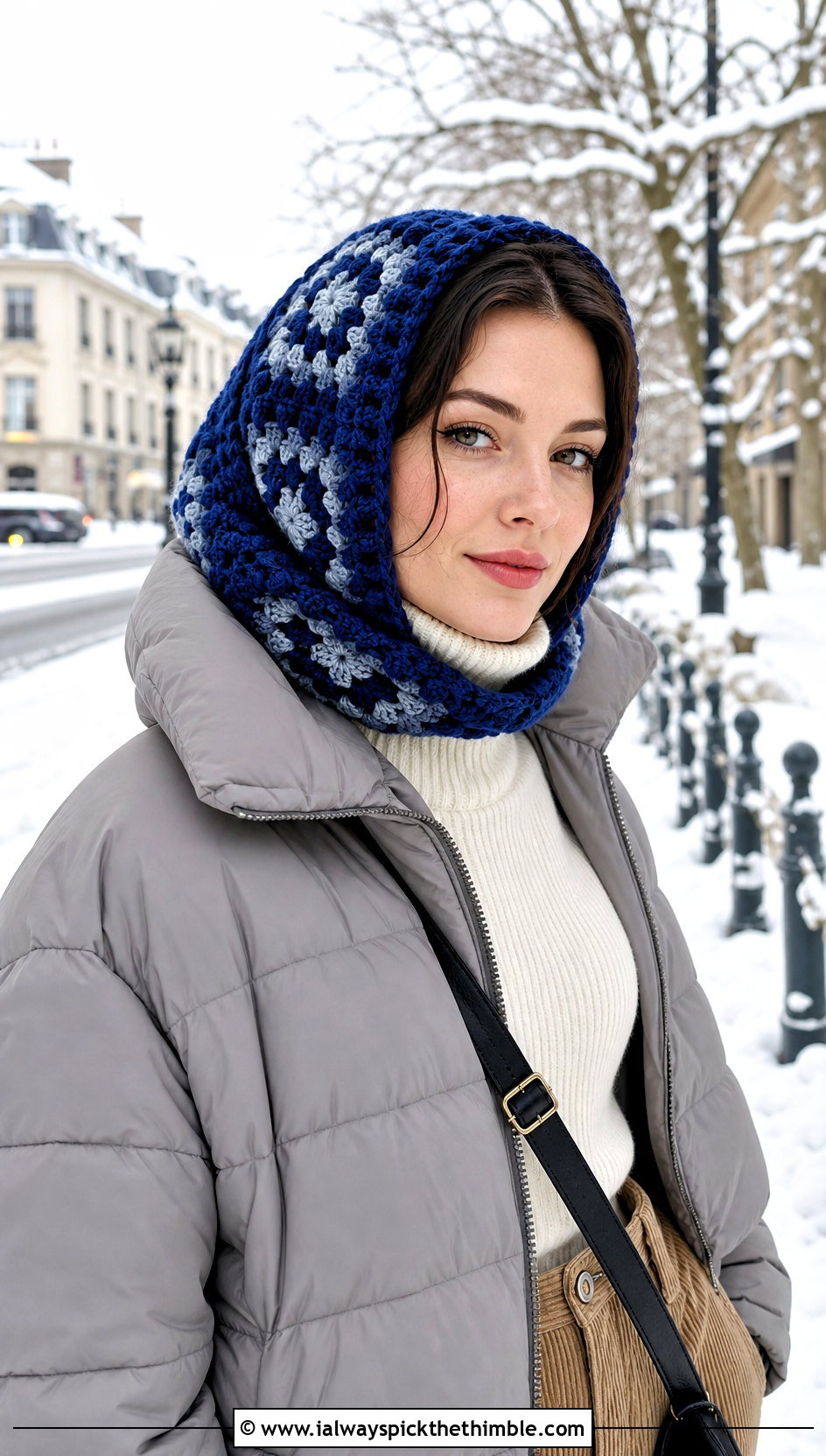Wool Granny Square Head Scarf With Puffer Jacket - 25 granny square head scarf outfit ideas