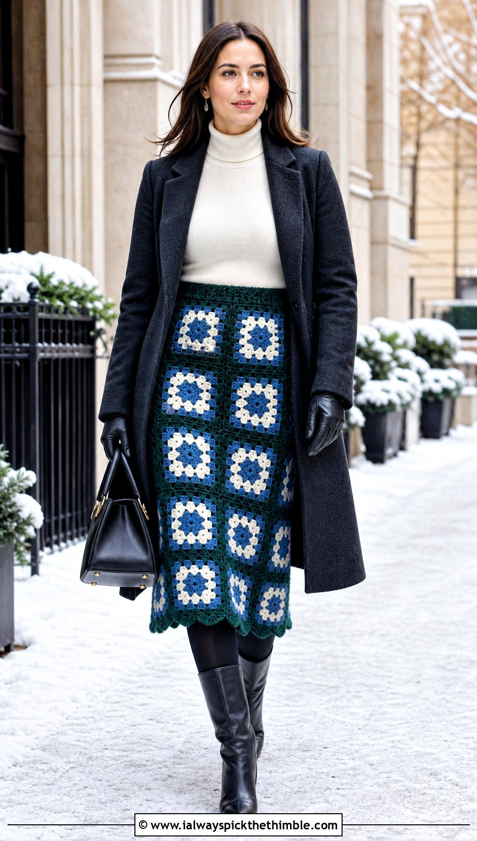 Wool Granny Square Midi Skirt With Mock Neck Top And Long Coat - 25 crochet granny skirt outfit ideas