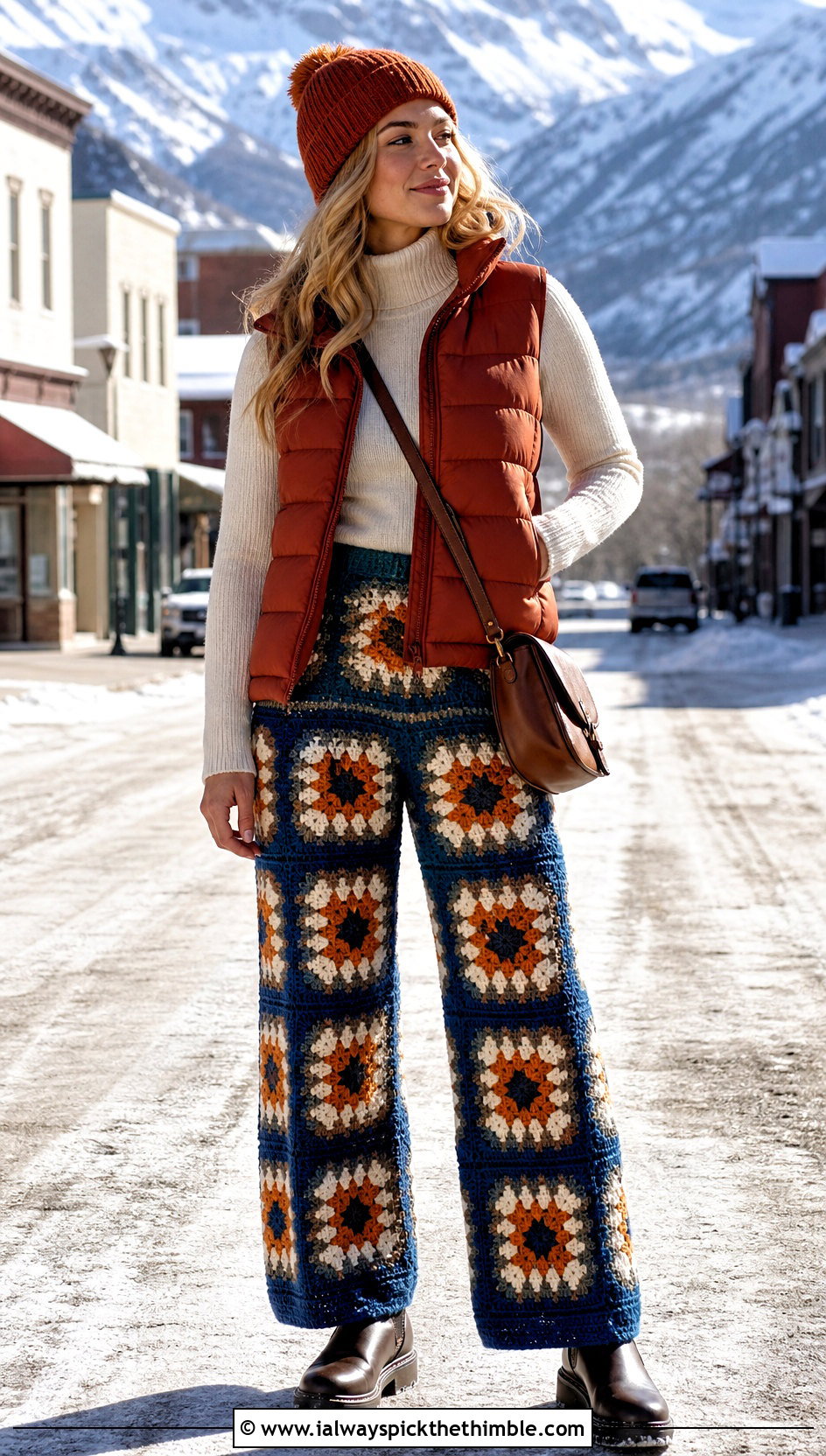Wool Granny Square Pants With Puffer Vest - 25 granny square pants outfit ideas