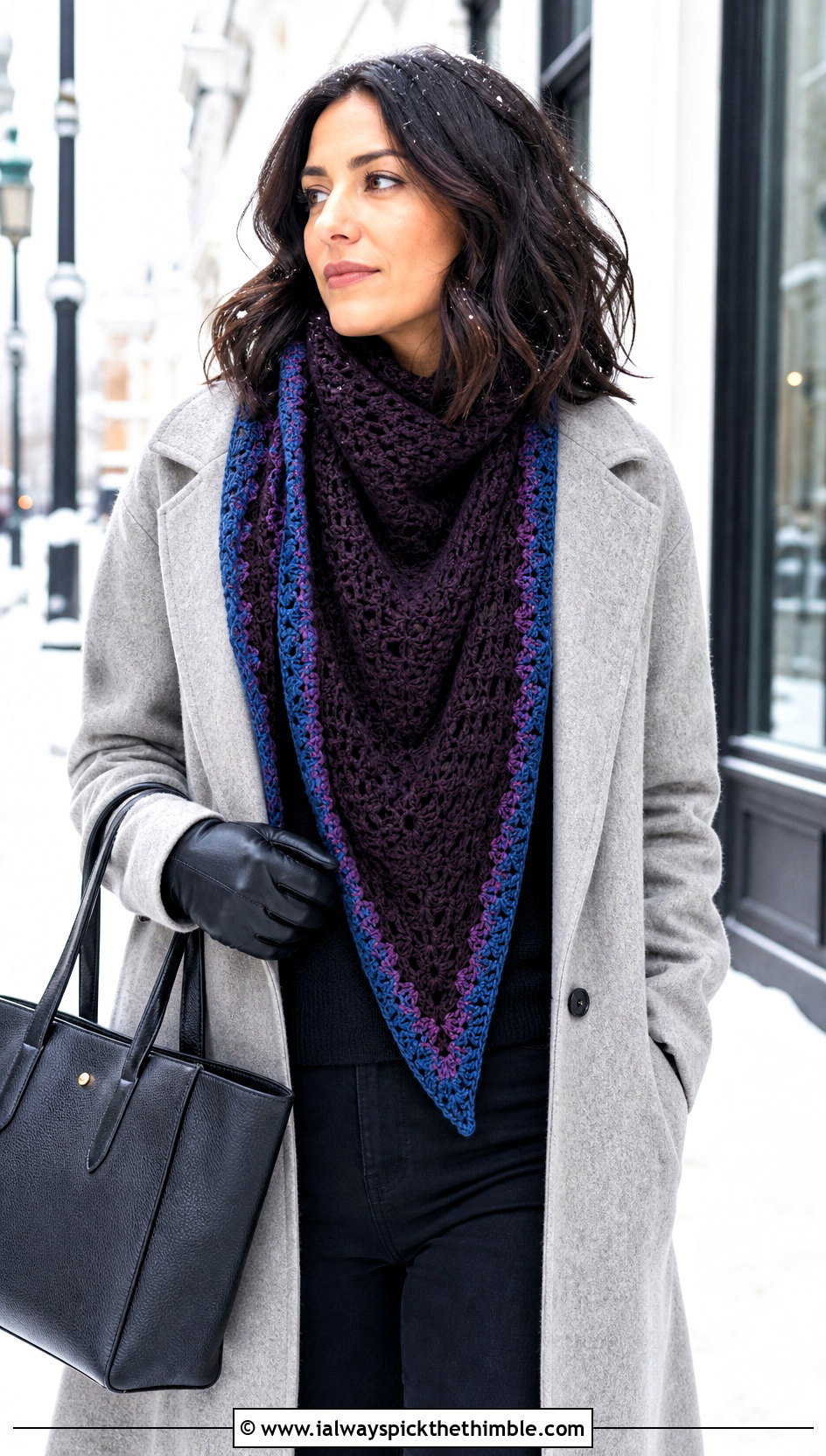 Wool Triangle Crochet Boho Shawl With Long Coat - 20 crochet boho shawl outfit ideas