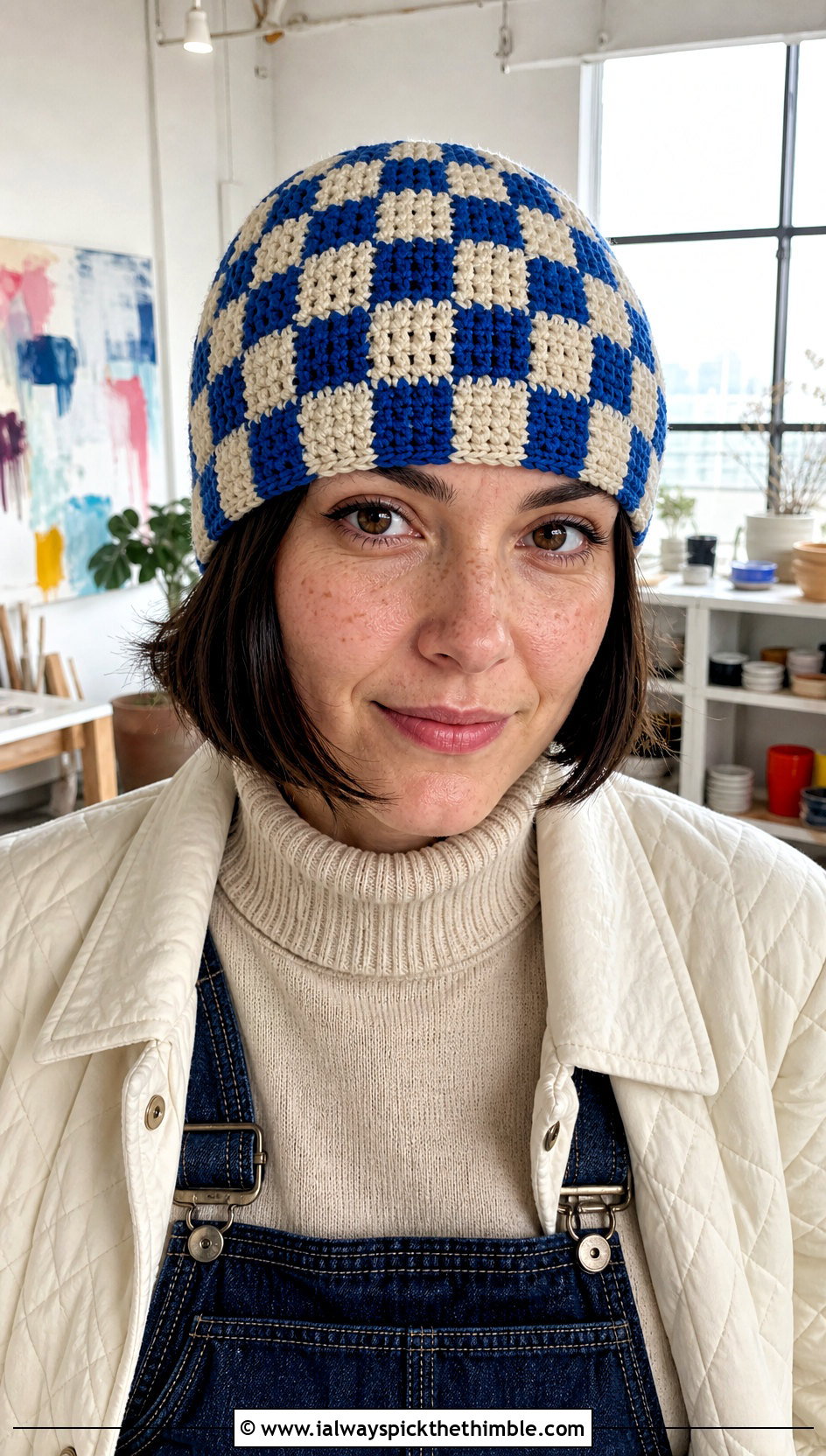 Worsted Weight Checkerboard Beanie With Overalls - 20 Worsted Weight Crochet Beanie outfit ideas