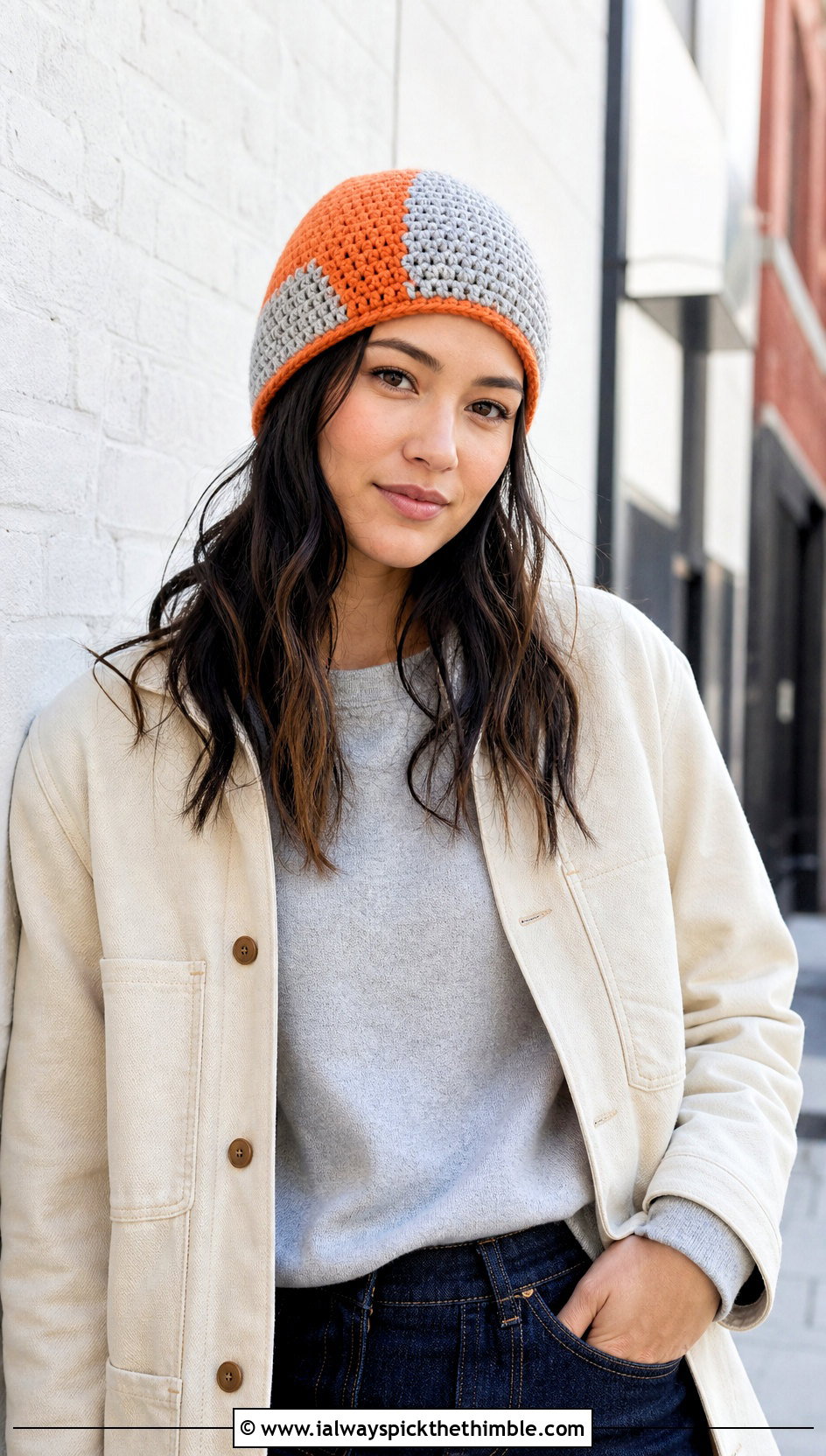 Worsted Weight Color Block Beanie With Chore Coat - 20 Worsted Weight Crochet Beanie outfit ideas