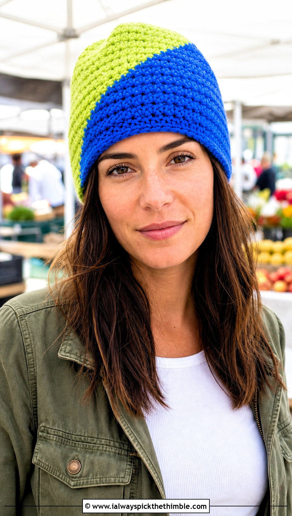 Worsted Weight Color Block Crochet Beanie With Utility Jacket - 20 Worsted Weight Yarn Crochet Hat outfit ideas