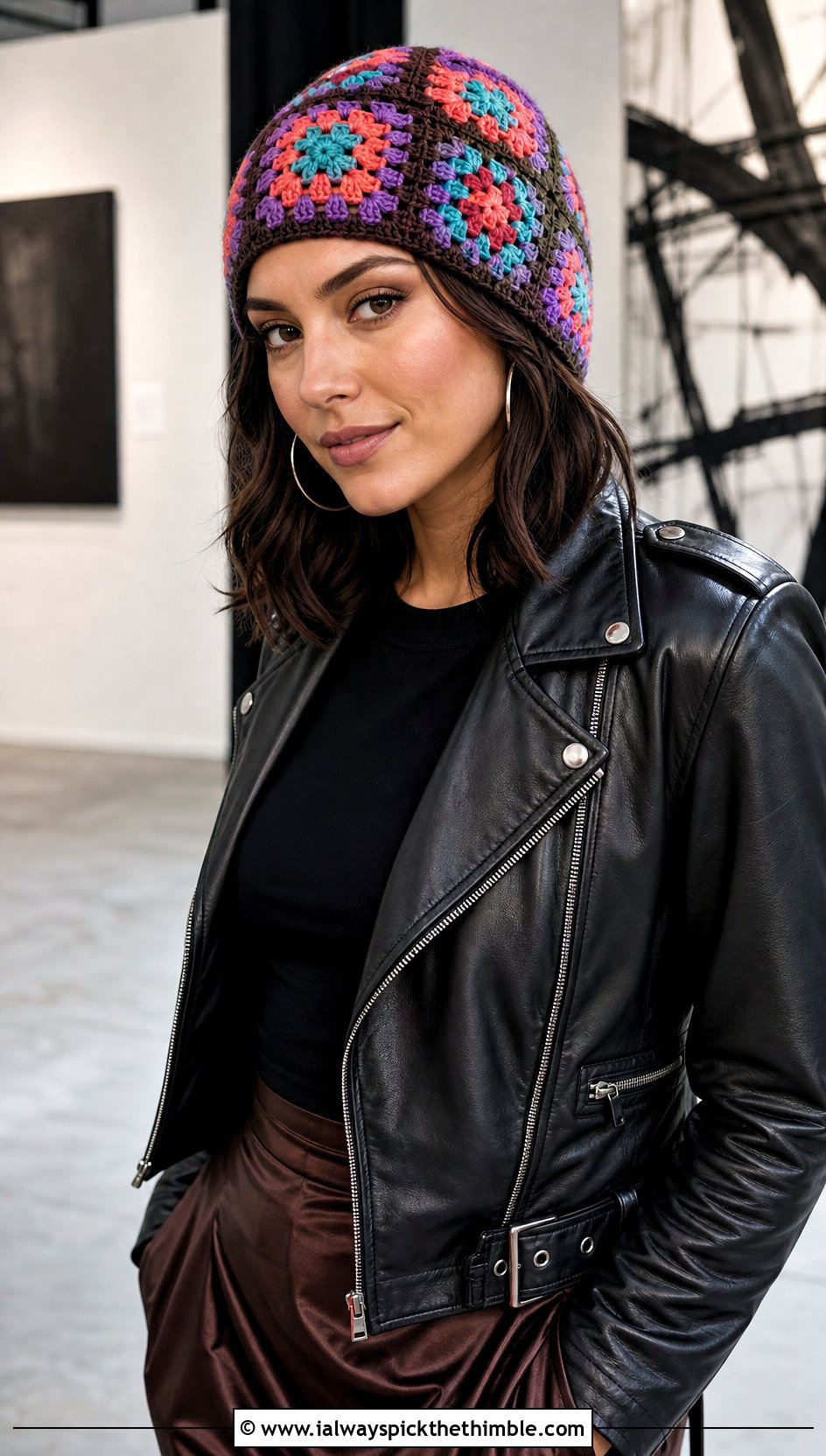 Worsted Weight Granny Square Beanie With Leather Jacket - 20 Worsted Weight Crochet Beanie outfit ideas